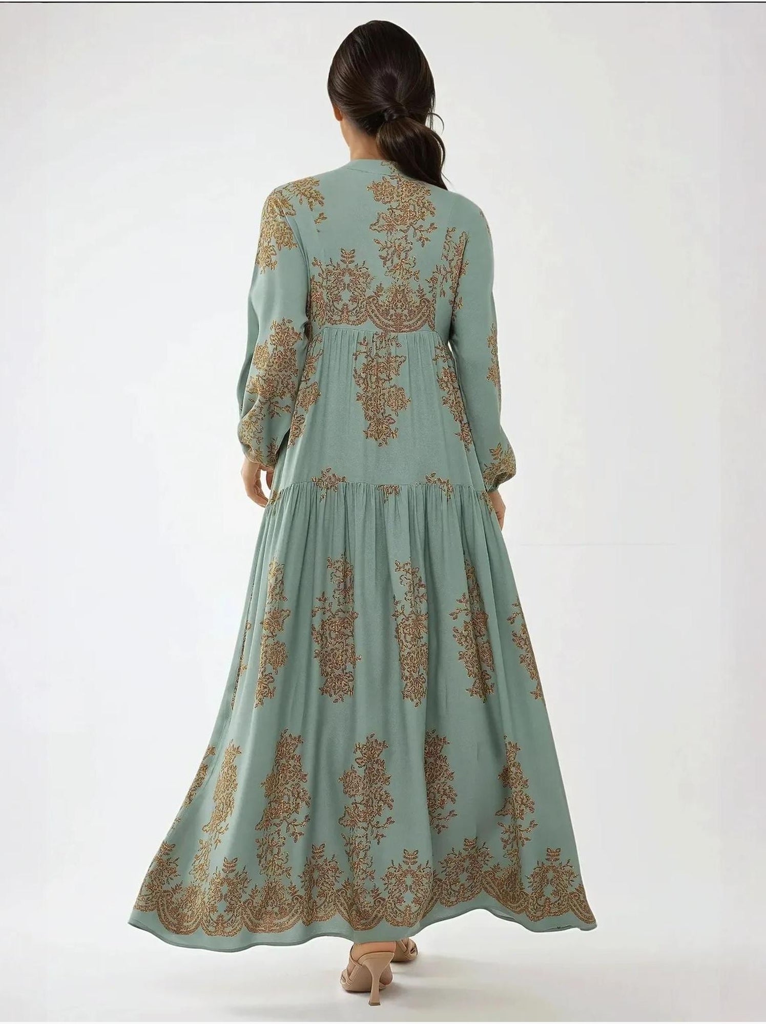Robe longue en viscose imprimée avec col chemise - Vert menthe