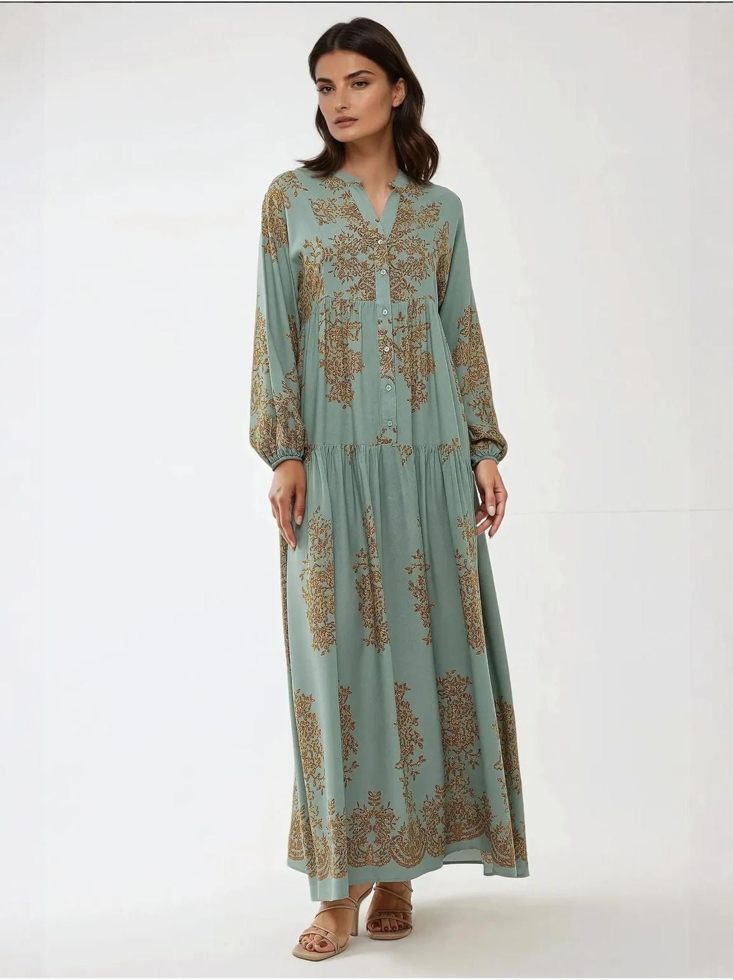 Robe longue en viscose imprimée avec col chemise - Vert menthe