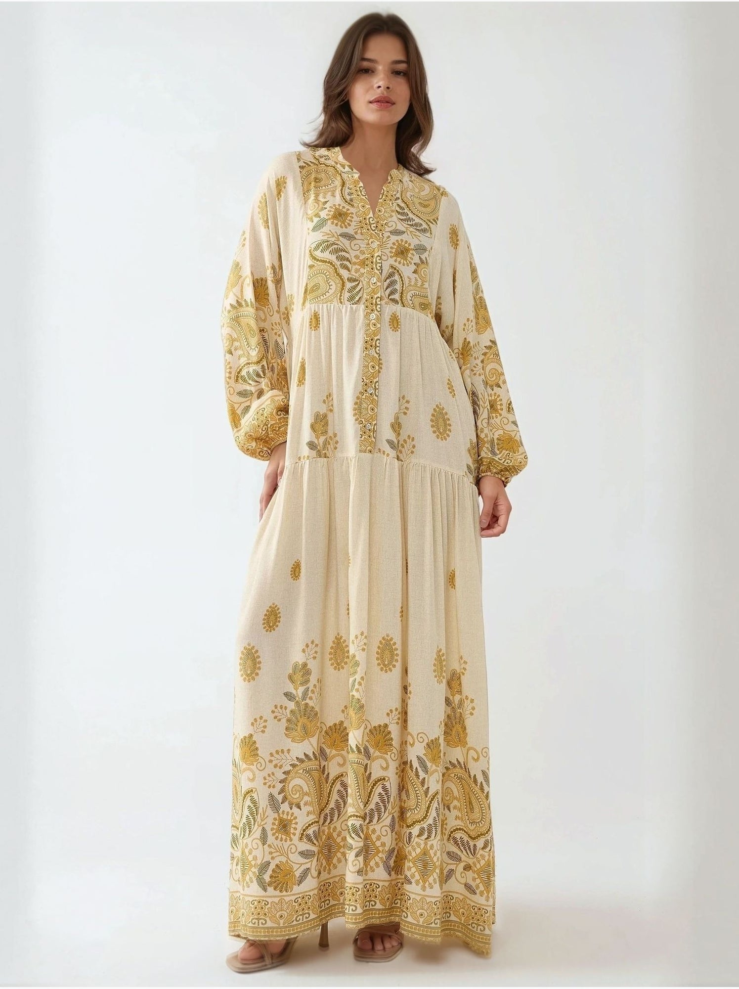 Robe longue imprimée à col en v et détails boutonnés - Jaune citron