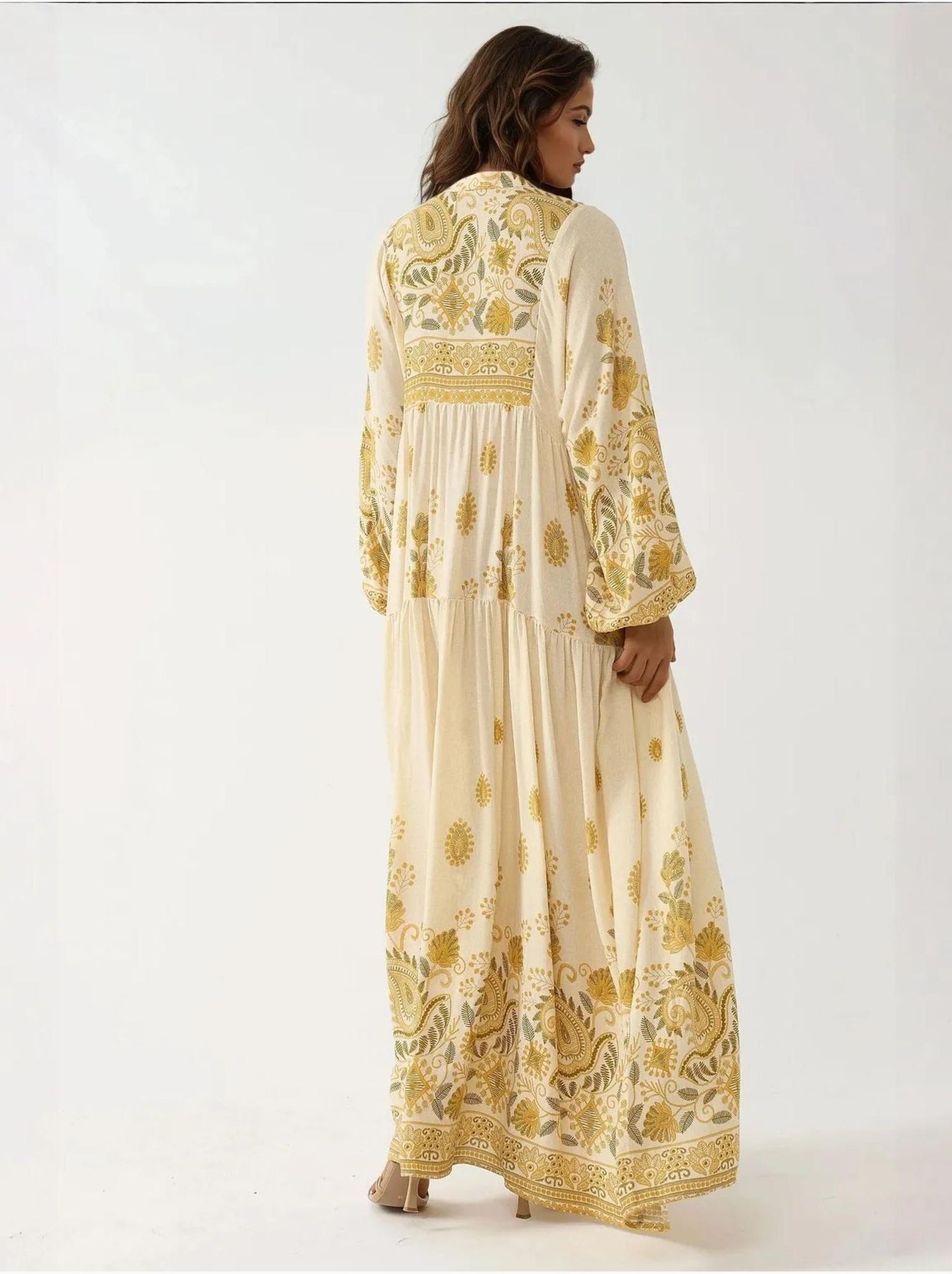 Robe longue imprimée à col en v et détails boutonnés - Jaune citron
