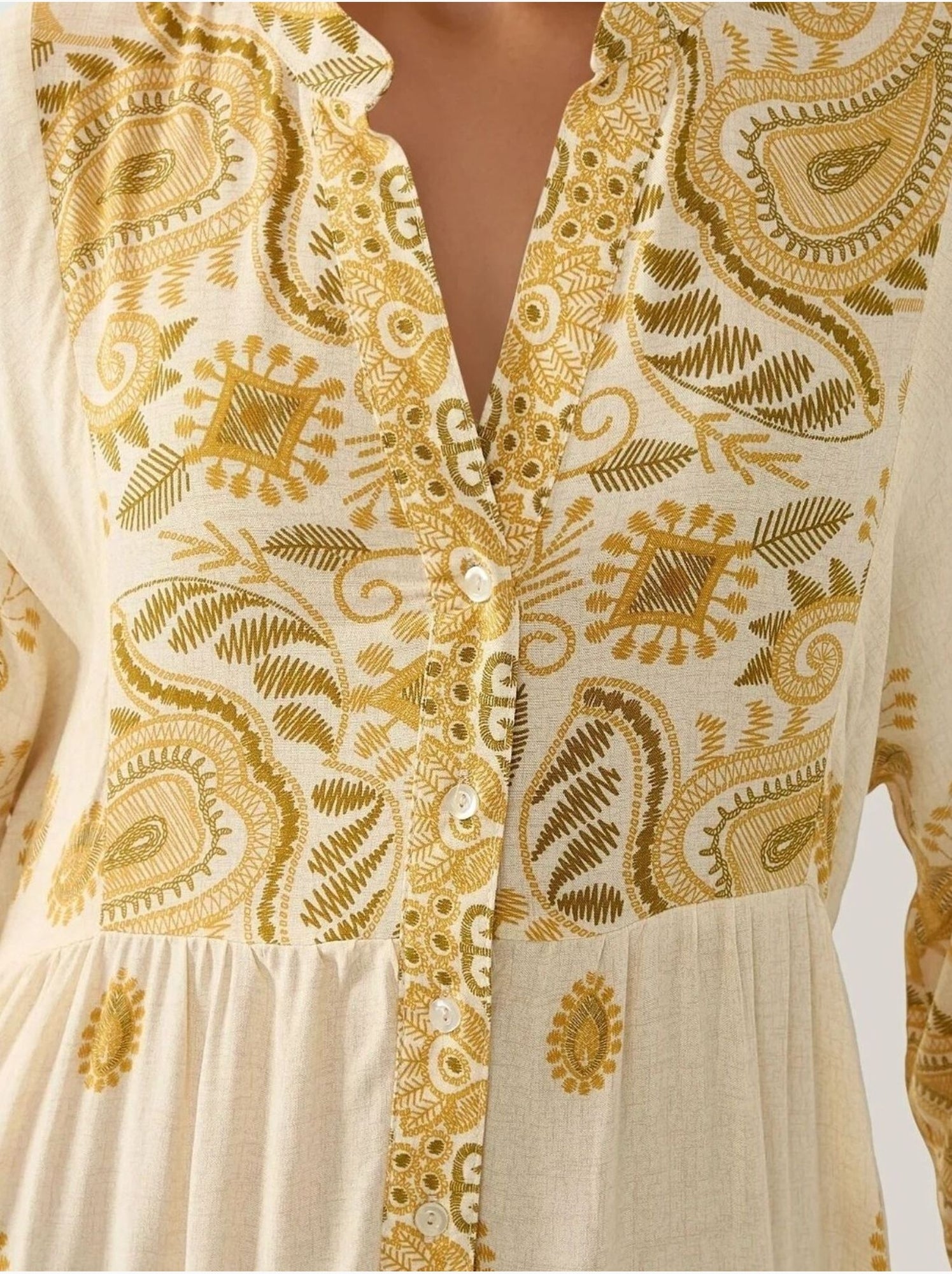 Robe longue imprimée à col en v et détails boutonnés - Jaune citron