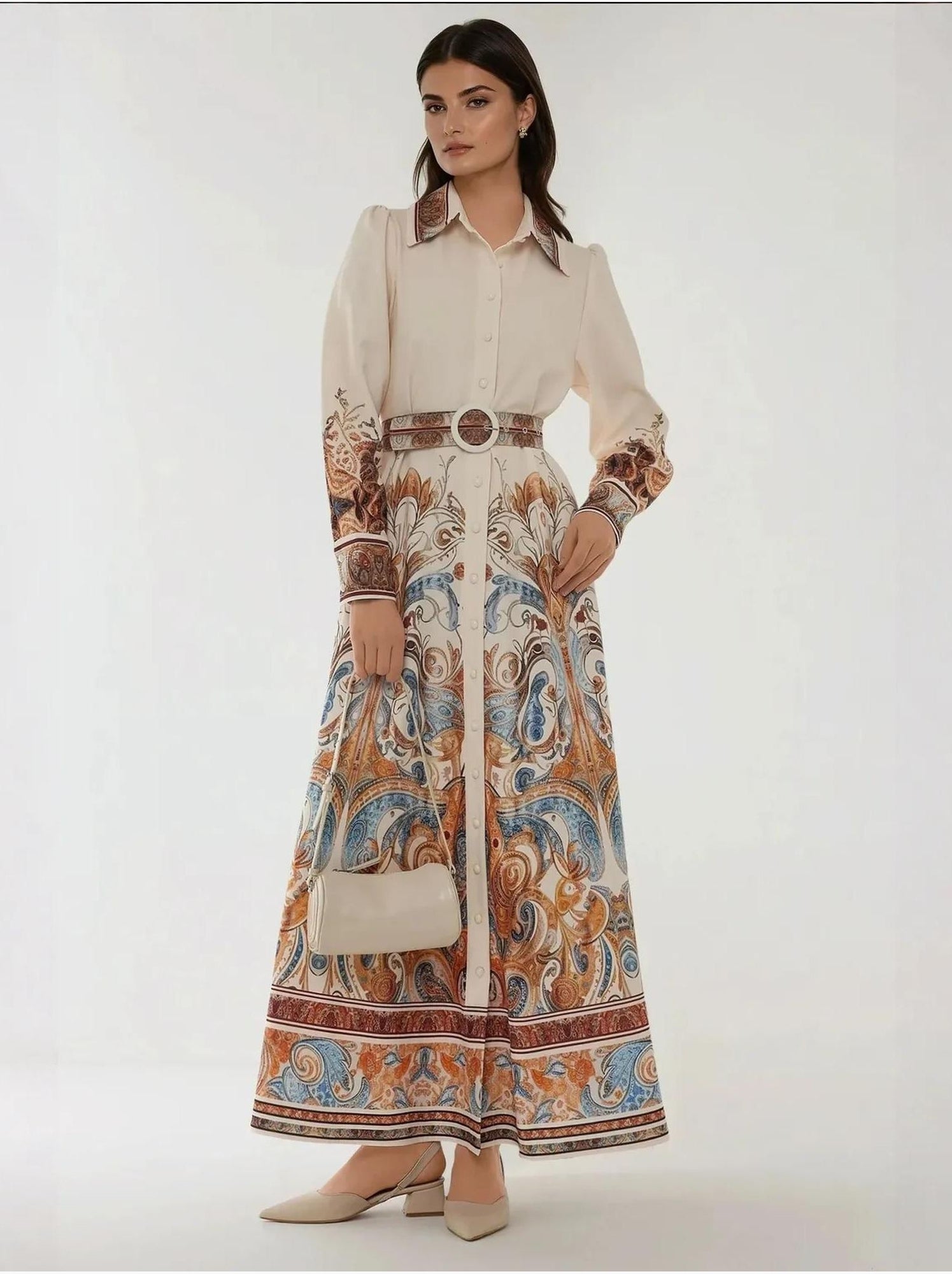 Robe longue imprimée à manches longues avec ceinture - Blanc