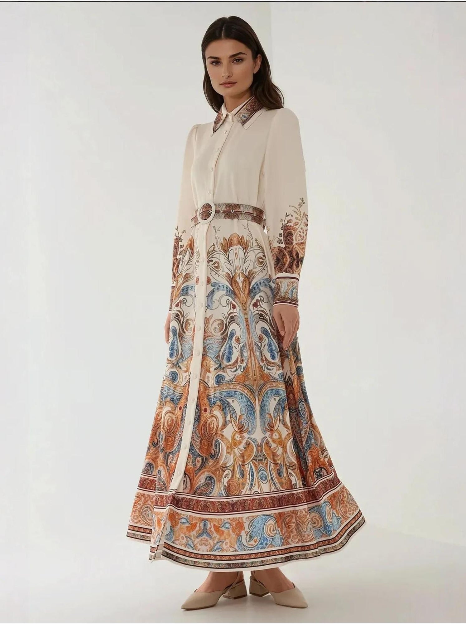 Robe longue imprimée à manches longues avec ceinture - Blanc