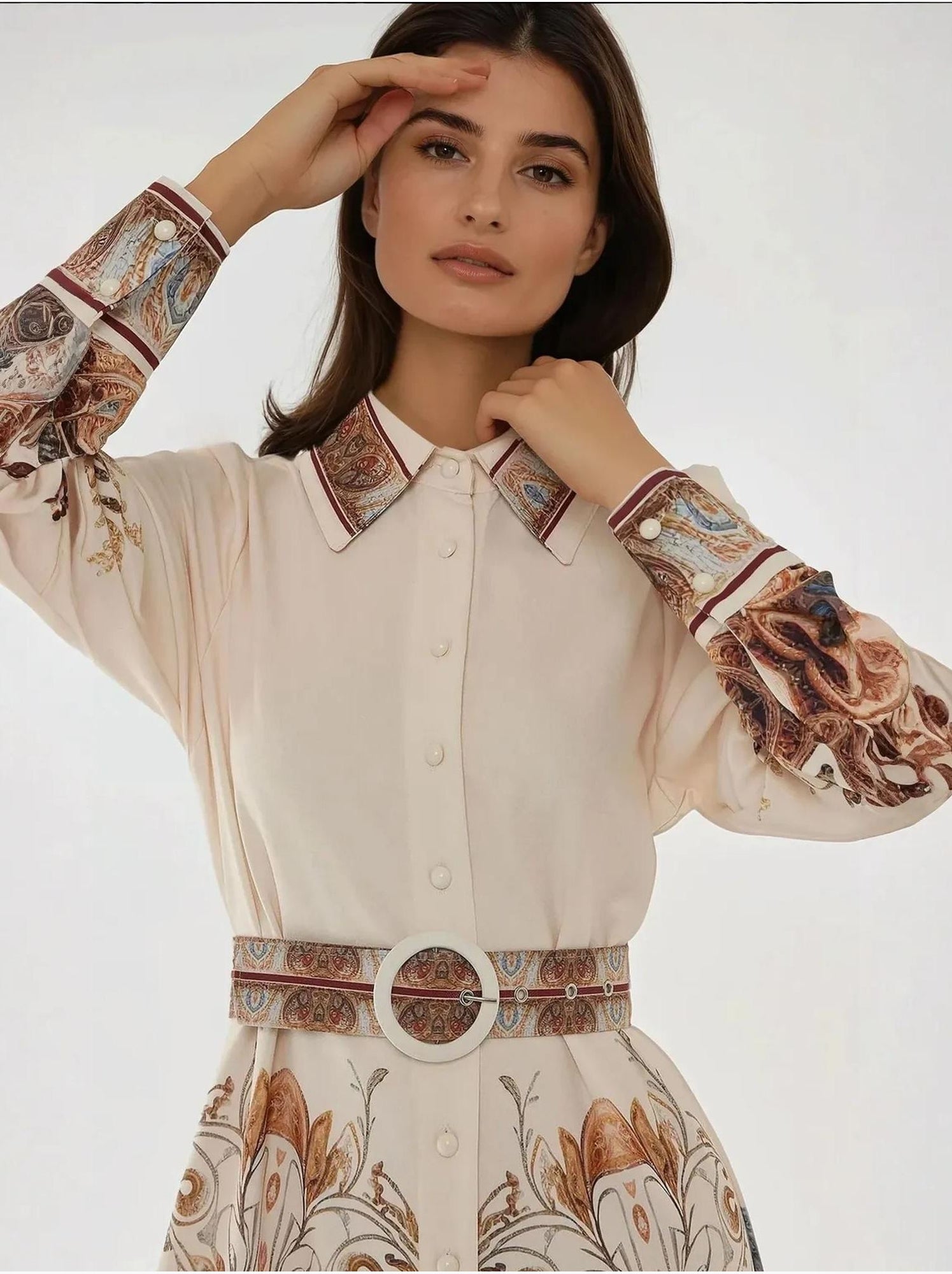 Robe longue imprimée à manches longues avec ceinture - Blanc