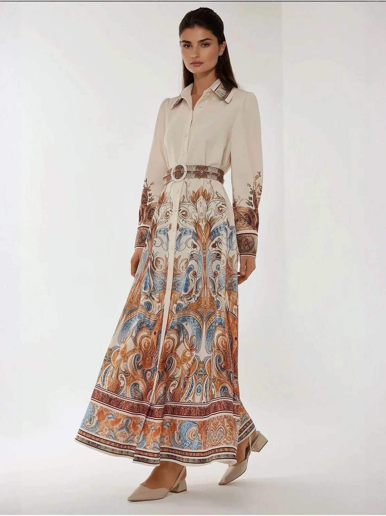 Robe longue imprimée à manches longues avec ceinture - Blanc