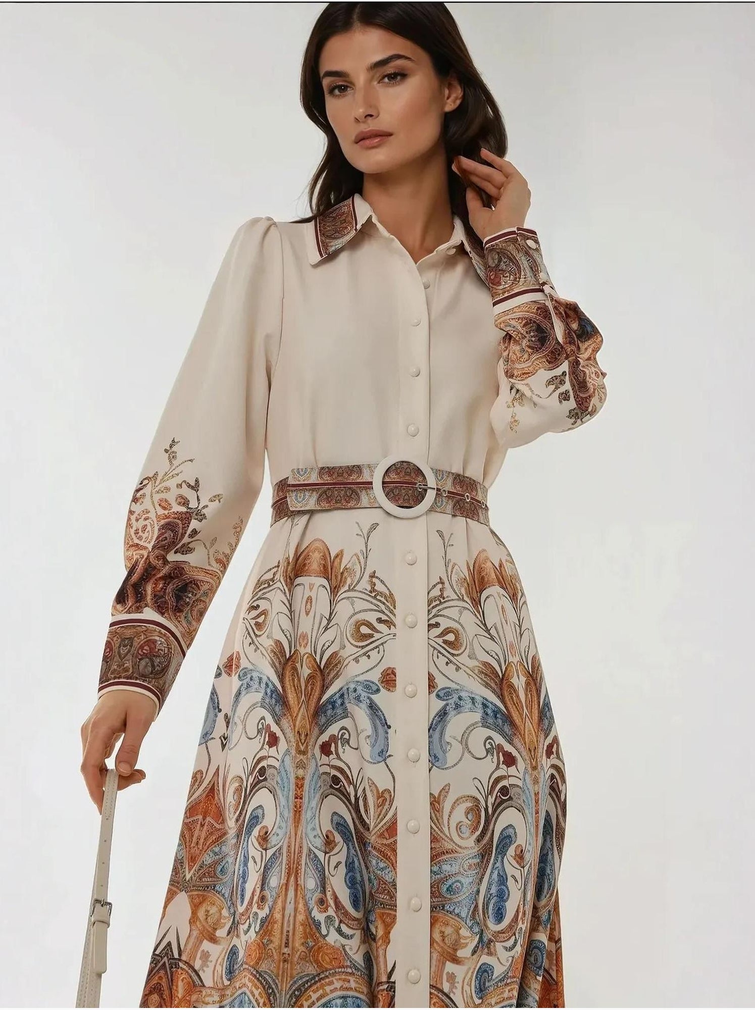 Robe longue imprimée à manches longues avec ceinture - Blanc