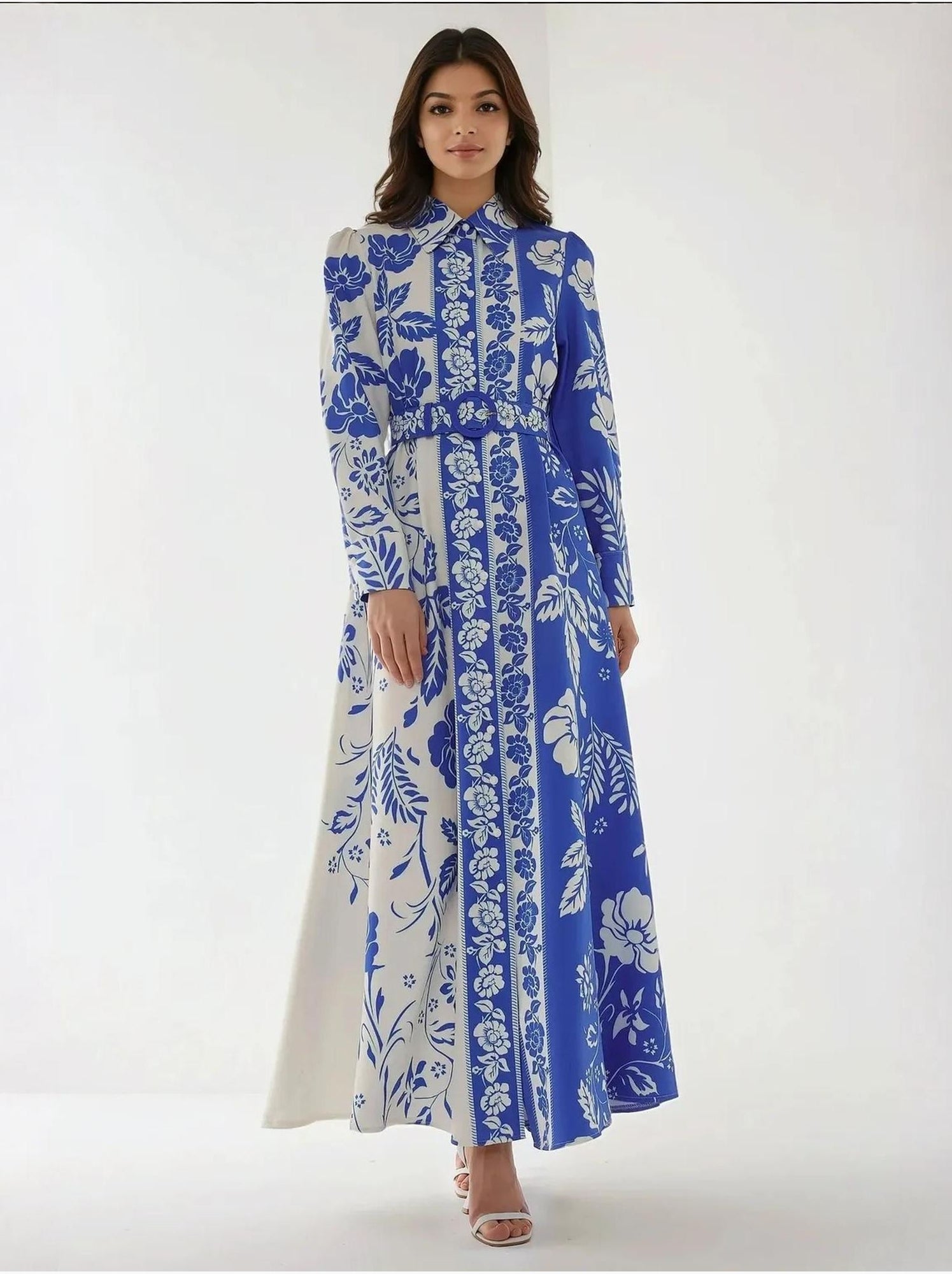 Robe longue imprimée à manches longues avec ceinture - Bleu roi