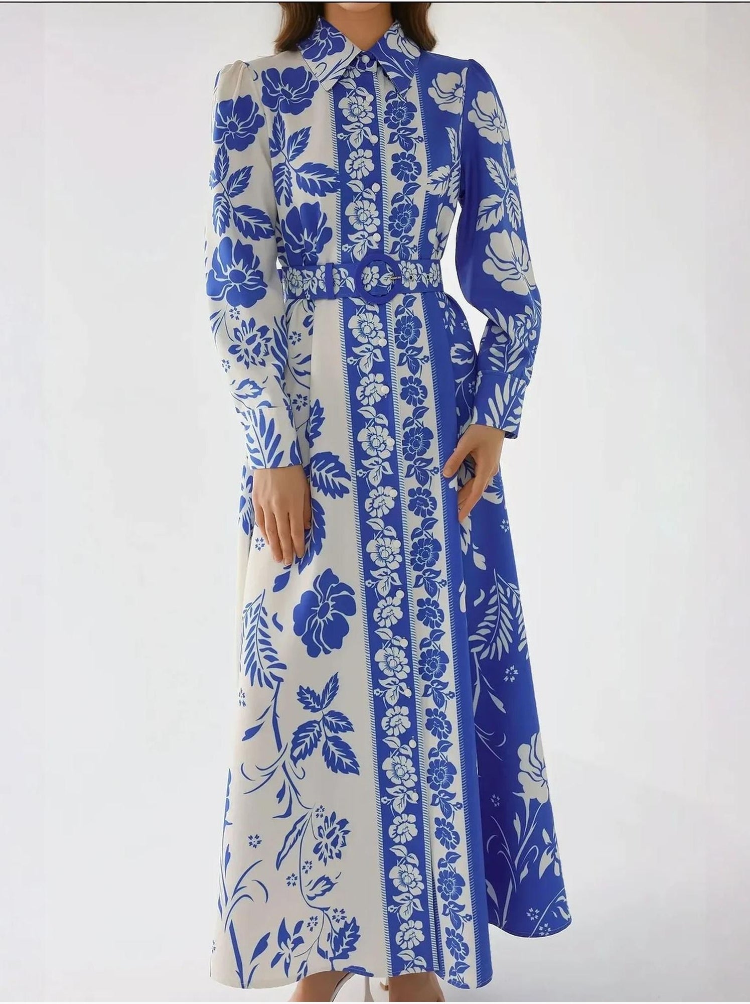 Robe longue imprimée à manches longues avec ceinture - Bleu roi