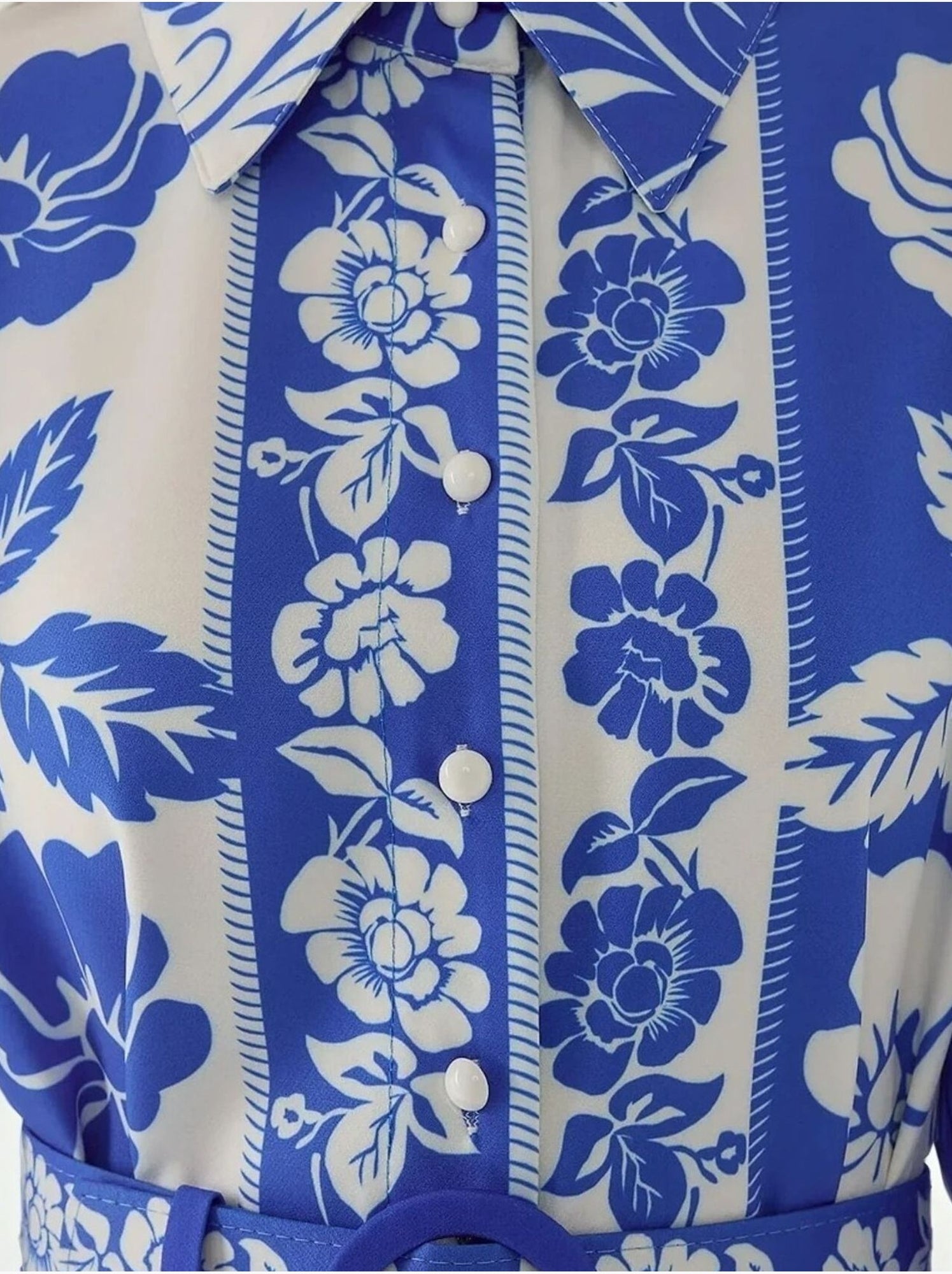 Robe longue imprimée à manches longues avec ceinture - Bleu roi