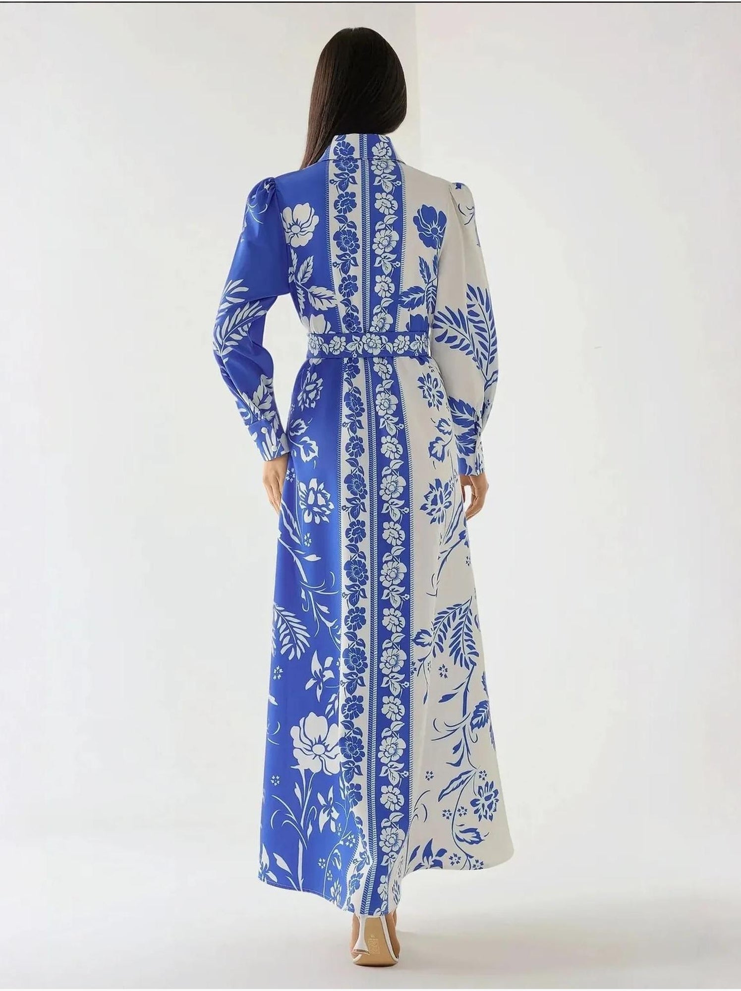 Robe longue imprimée à manches longues avec ceinture - Bleu roi
