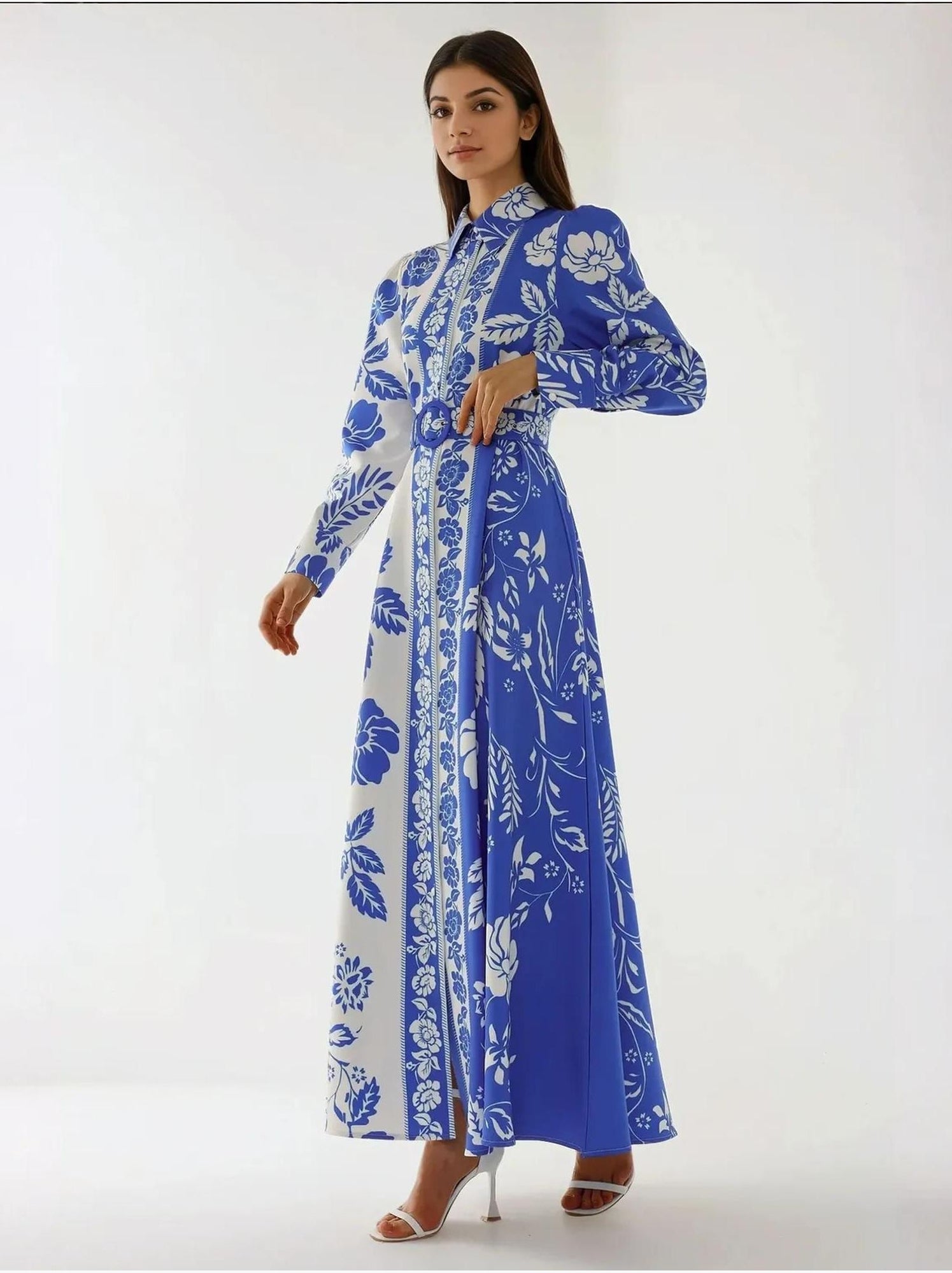 Robe longue imprimée à manches longues avec ceinture - Bleu roi