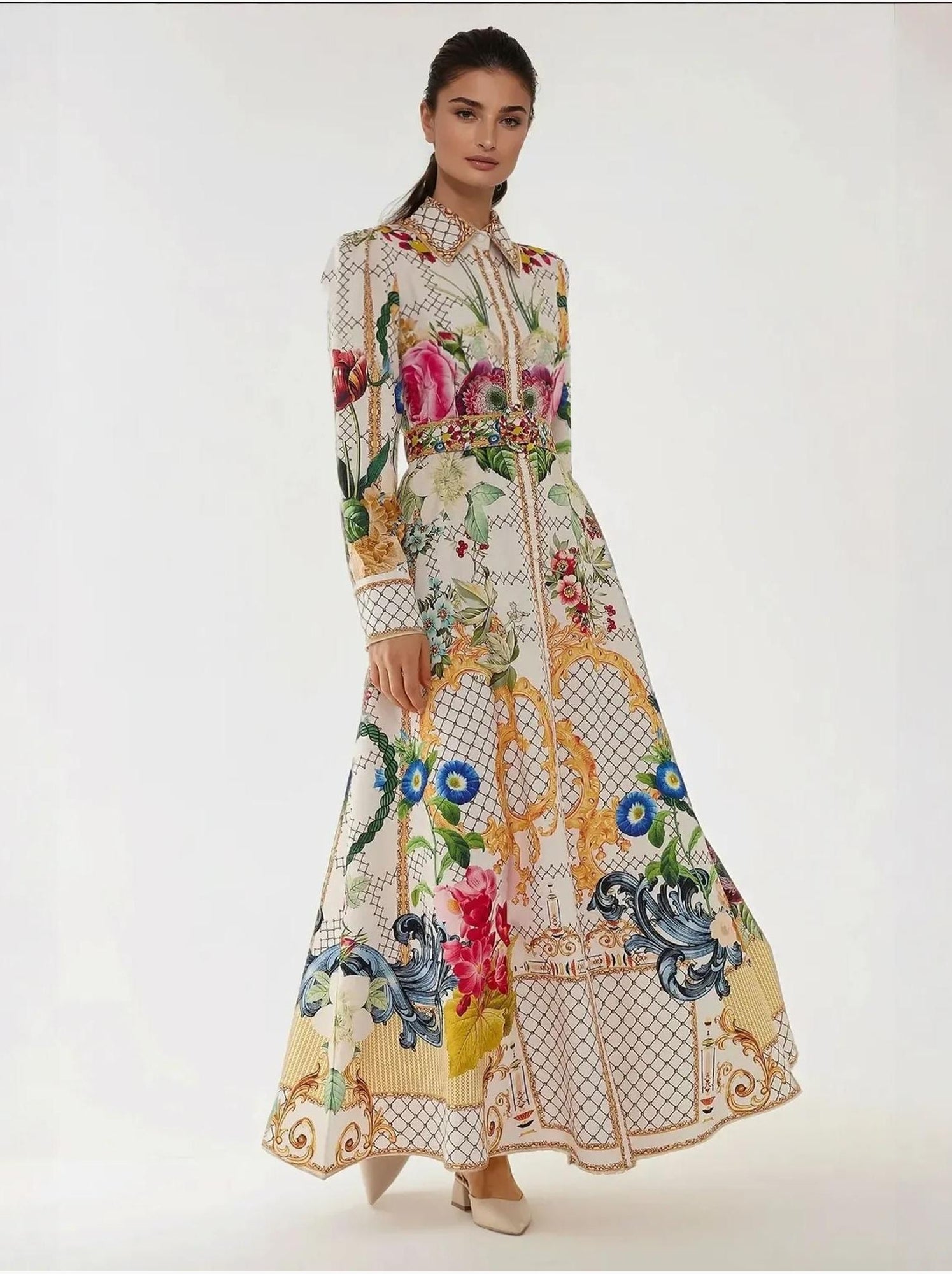 Robe longue imprimée à manches longues avec ceinture - Multicolore