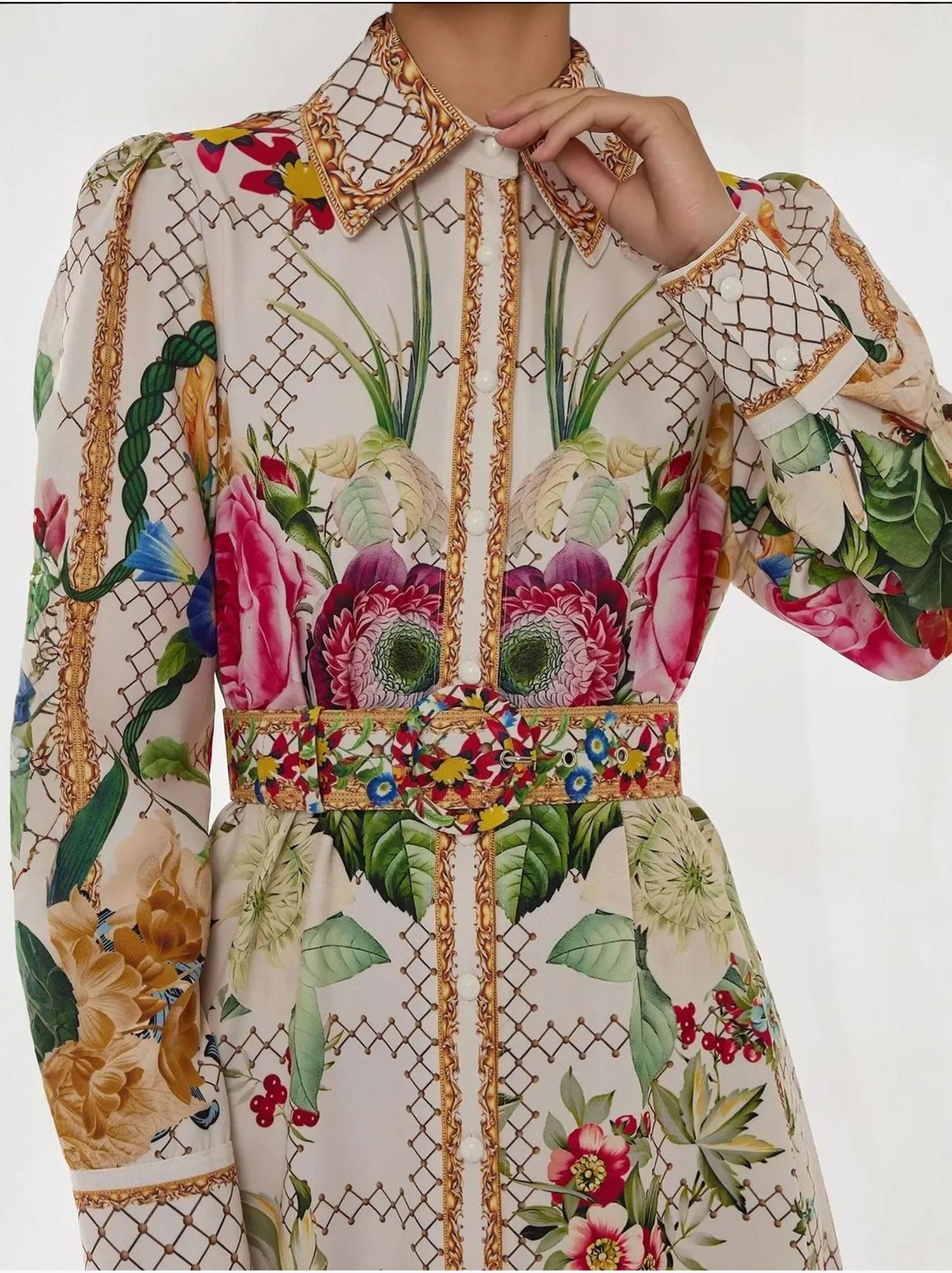Robe longue imprimée à manches longues avec ceinture - Multicolore