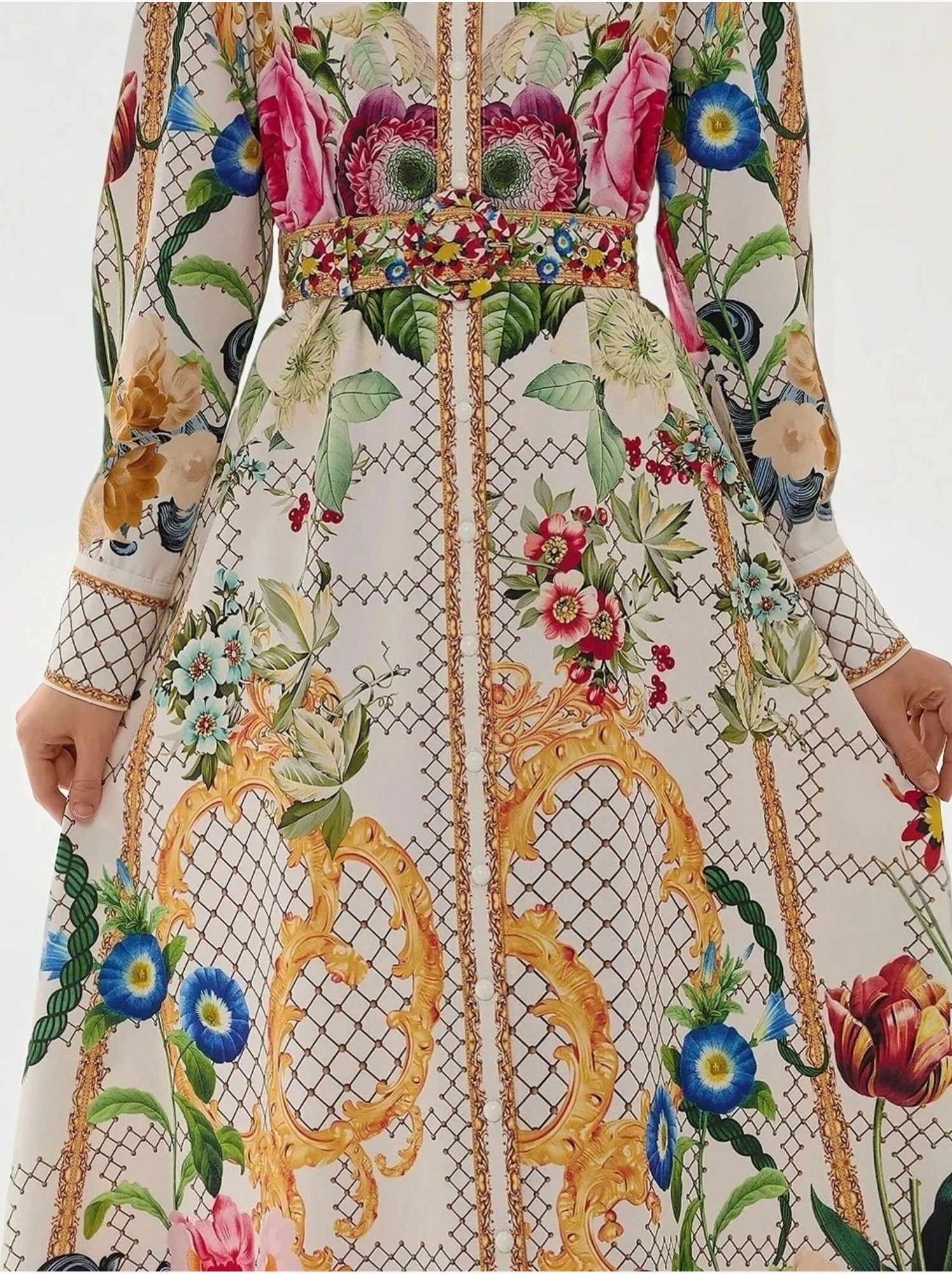 Robe longue imprimée à manches longues avec ceinture - Multicolore