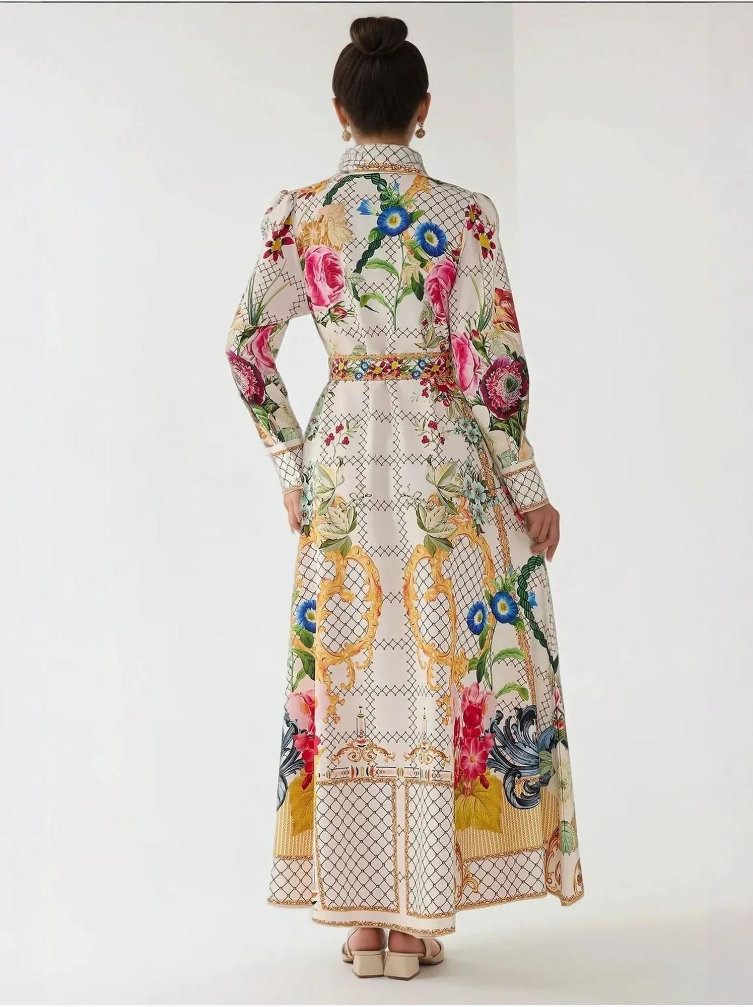 Robe longue imprimée à manches longues avec ceinture - Multicolore