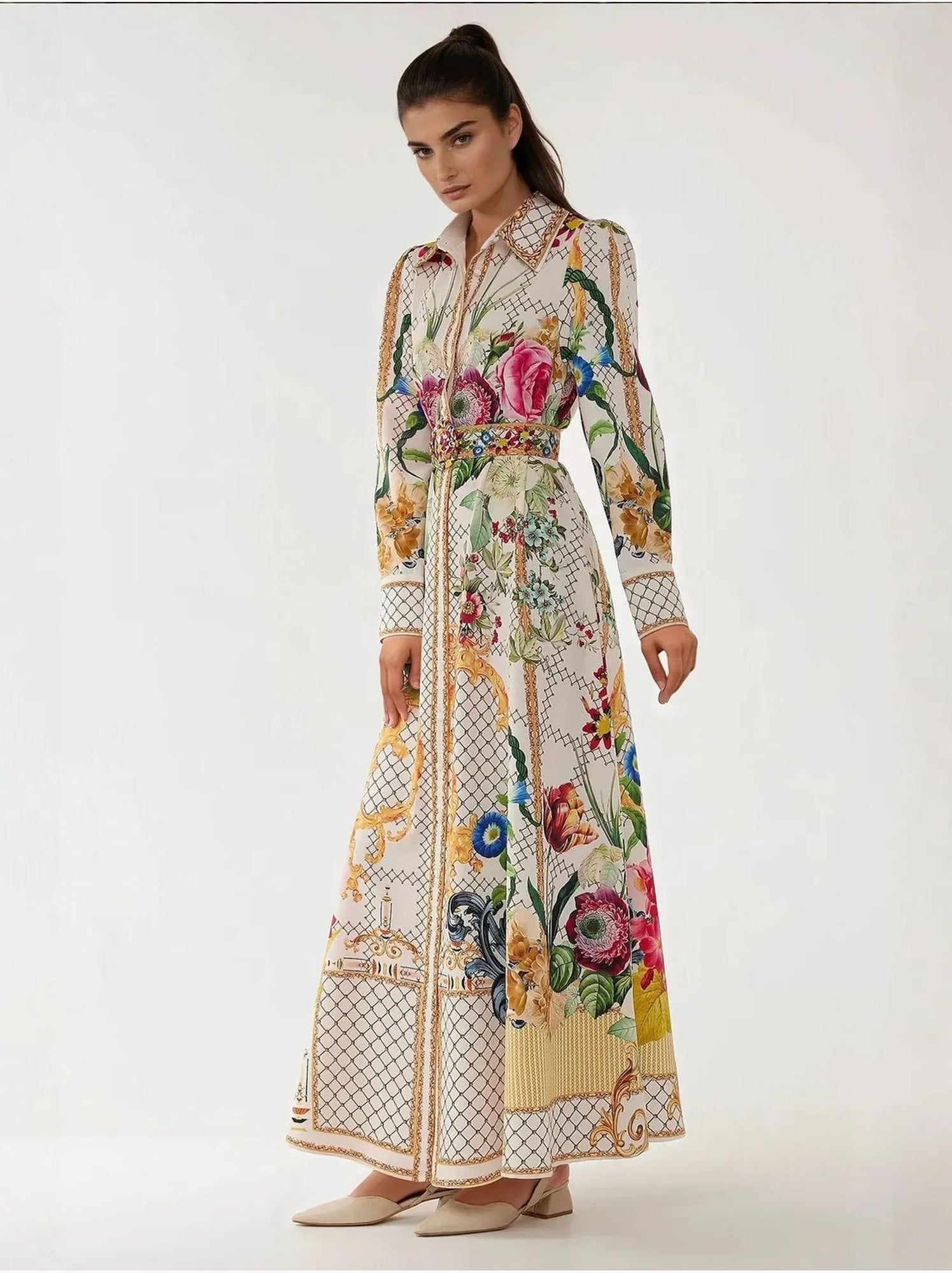 Robe longue imprimée à manches longues avec ceinture - Multicolore