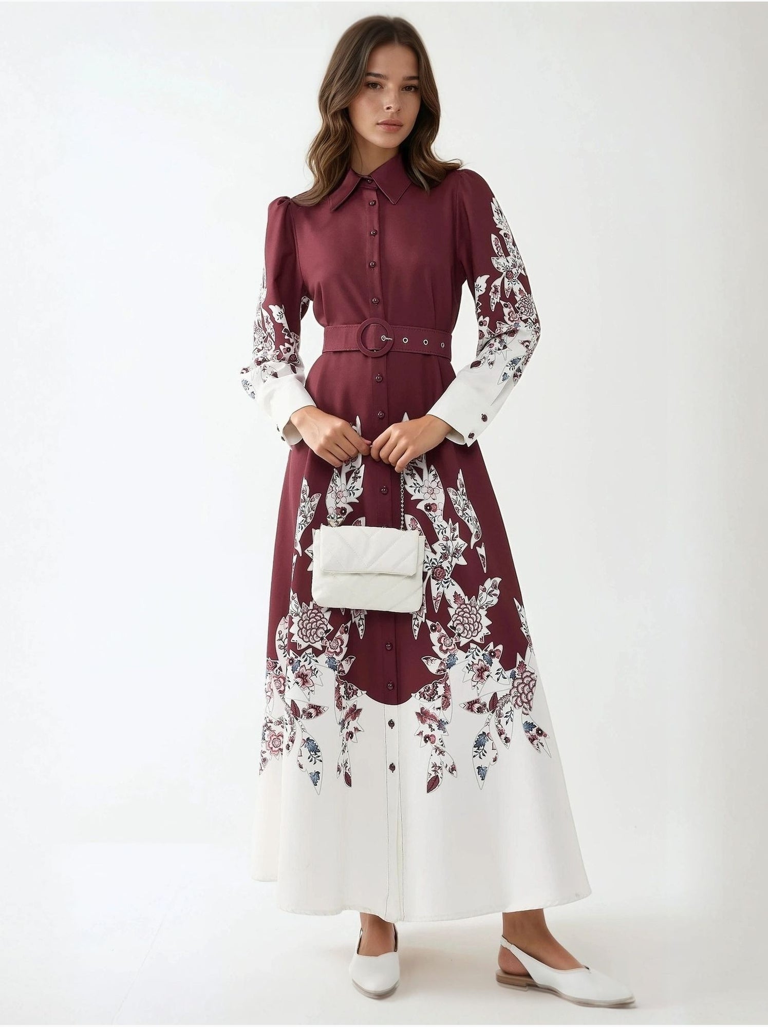 Robe longue imprimée à manches longues avec ceinture - Rouge bordeaux