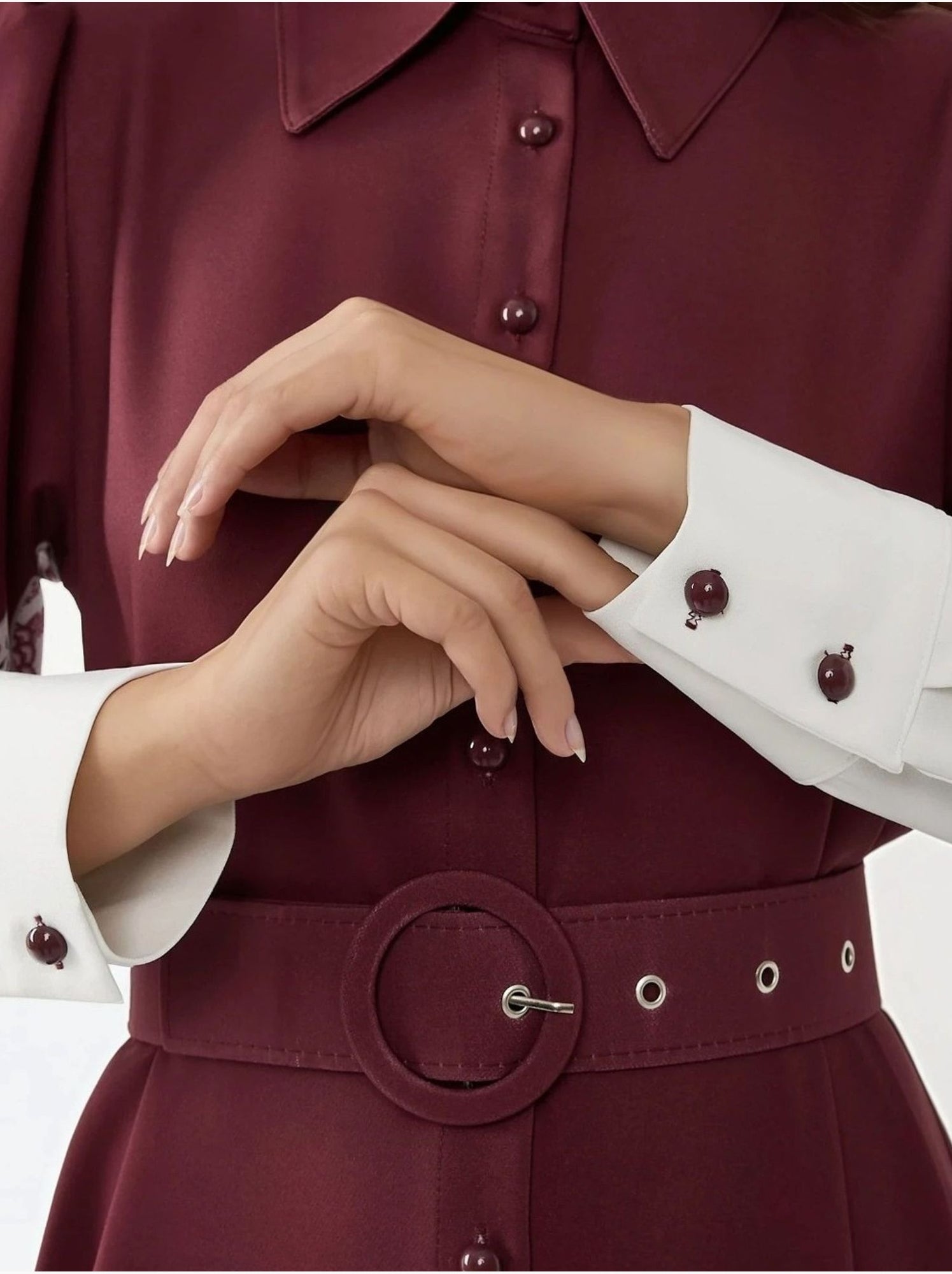 Robe longue imprimée à manches longues avec ceinture - Rouge bordeaux