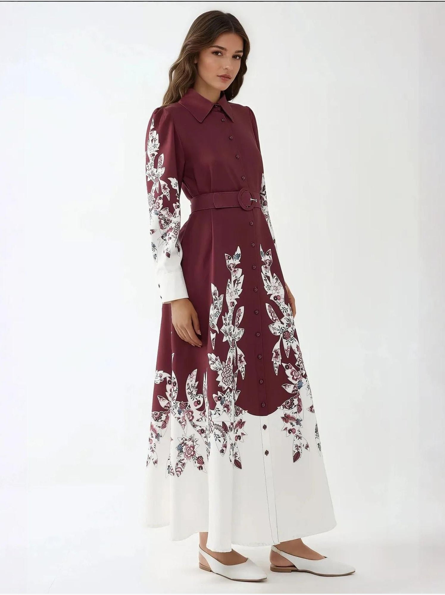 Robe longue imprimée à manches longues avec ceinture - Rouge bordeaux