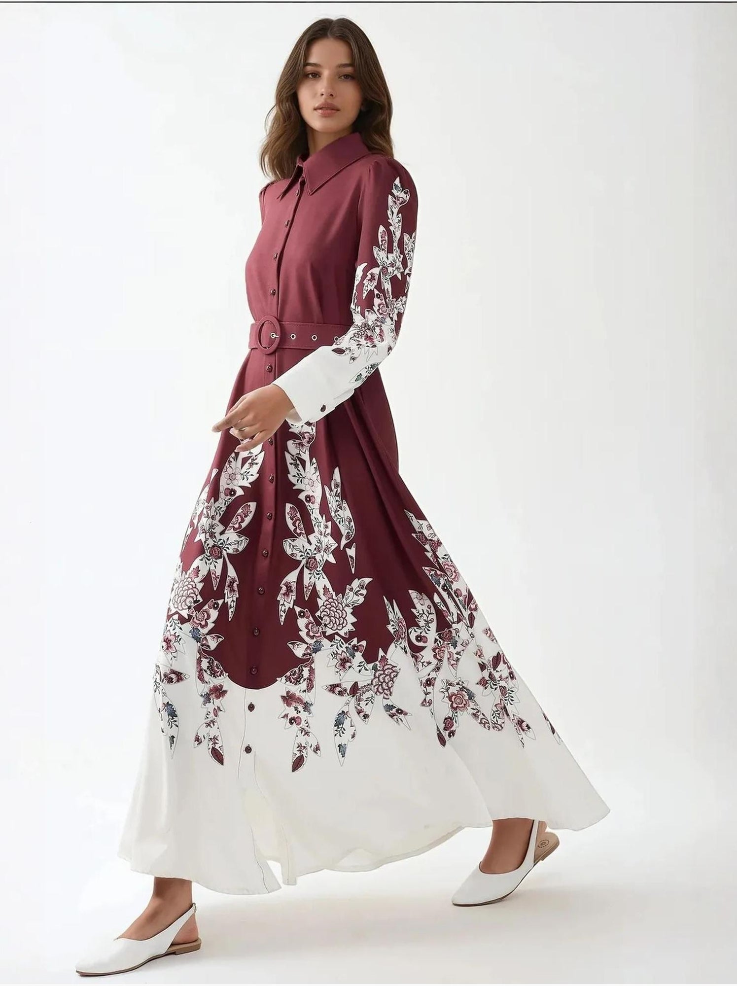 Robe longue imprimée à manches longues avec ceinture - Rouge bordeaux