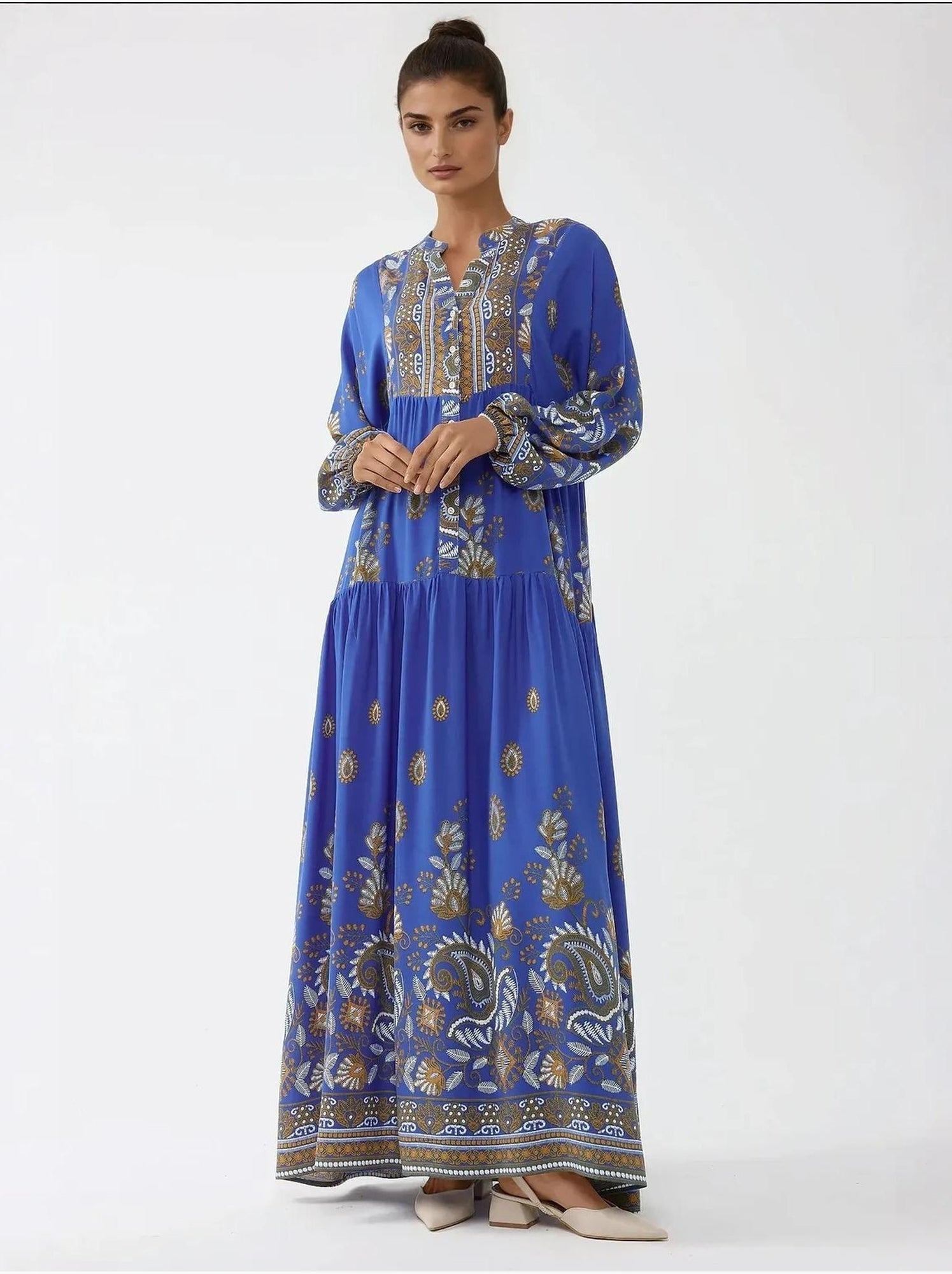 Robe longue imprimée à manches longues en viscose - Bleu électrique