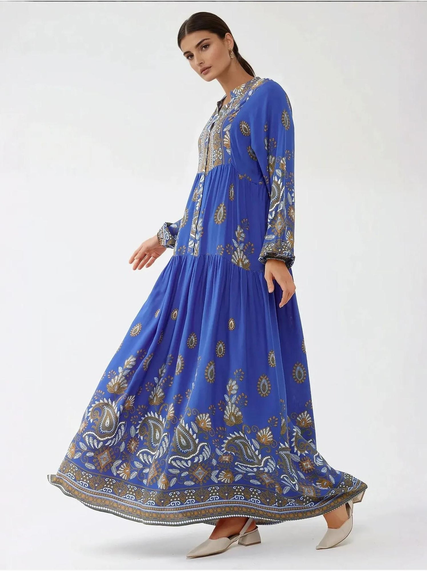 Robe longue imprimée à manches longues en viscose - Bleu électrique