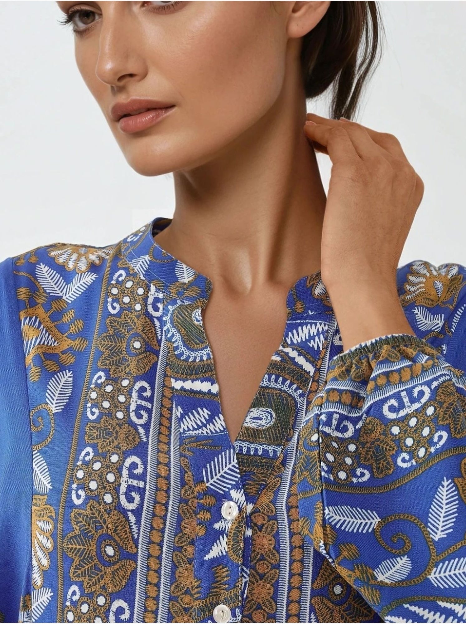 Robe longue imprimée à manches longues en viscose - Bleu électrique