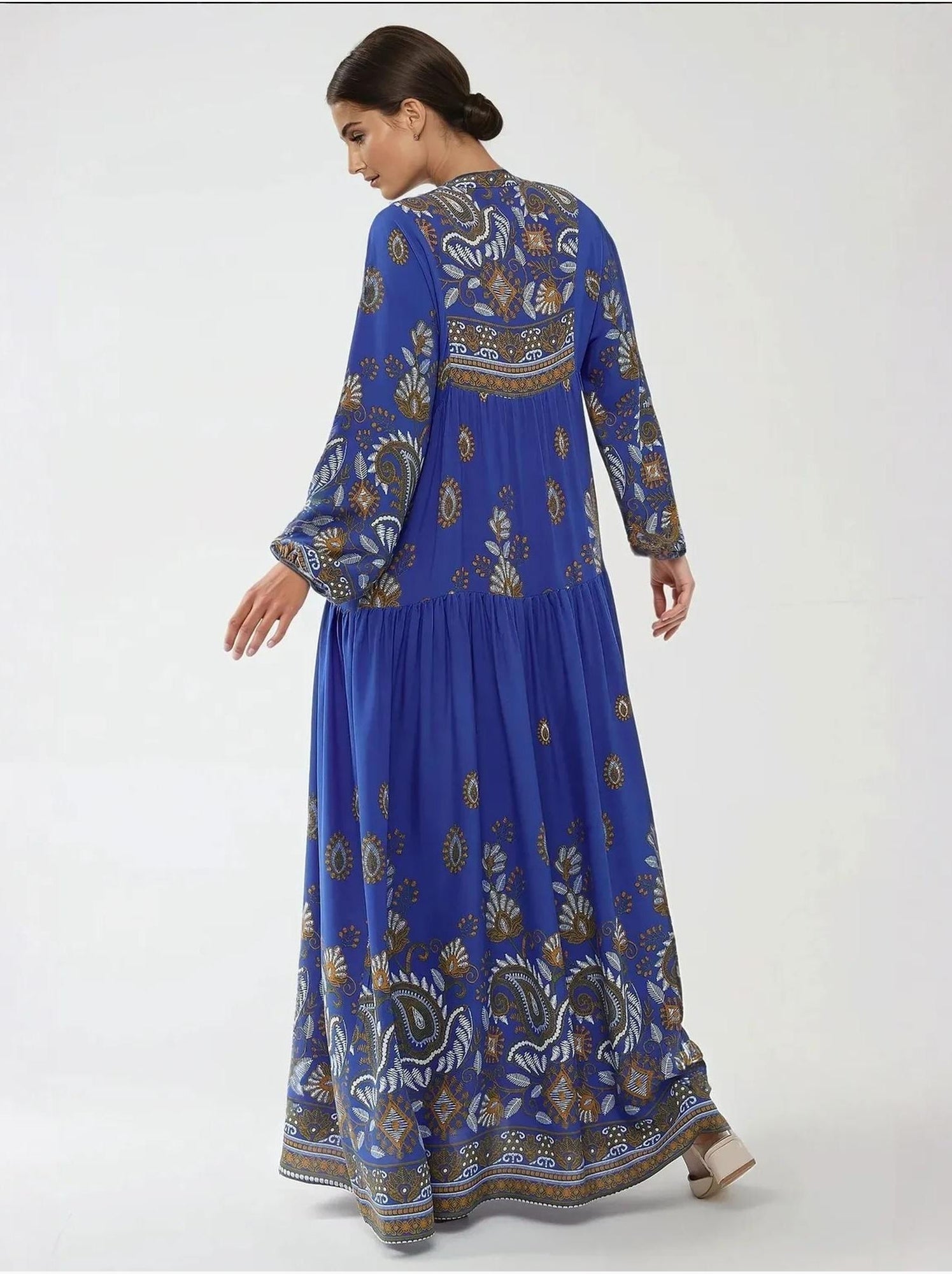 Robe longue imprimée à manches longues en viscose - Bleu électrique