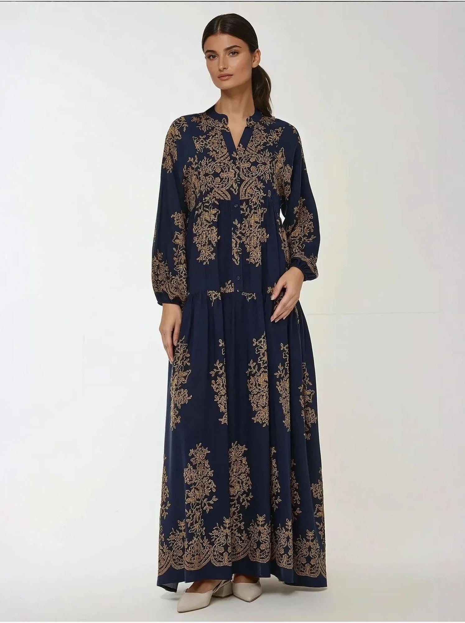 Robe longue imprimée à manches longues en viscose - Bleu marine