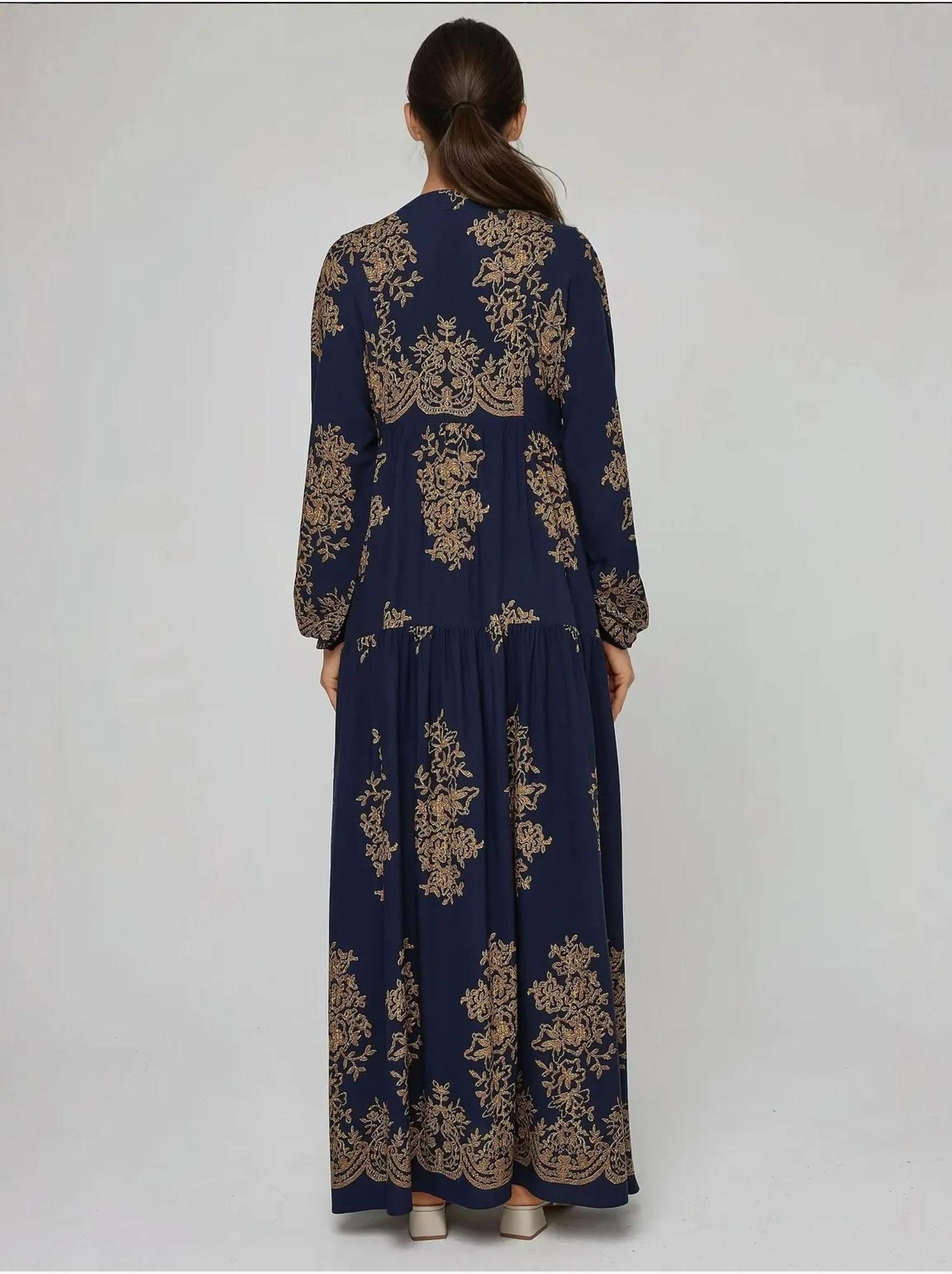 Robe longue imprimée à manches longues en viscose - Bleu marine