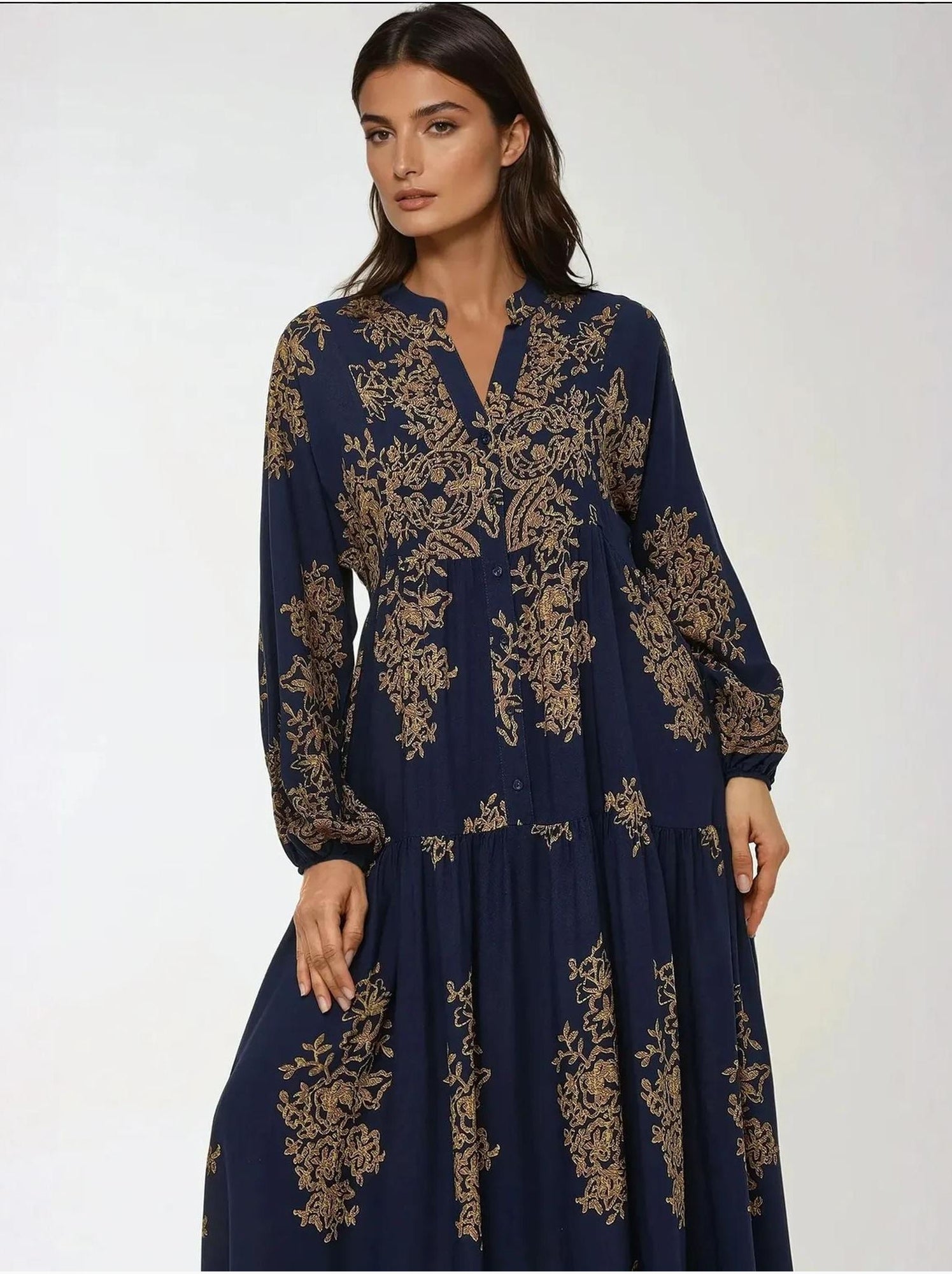 Robe longue imprimée à manches longues en viscose - Bleu marine