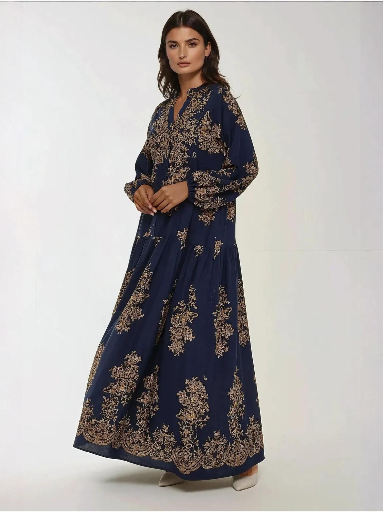 Robe longue imprimée à manches longues en viscose - Bleu marine