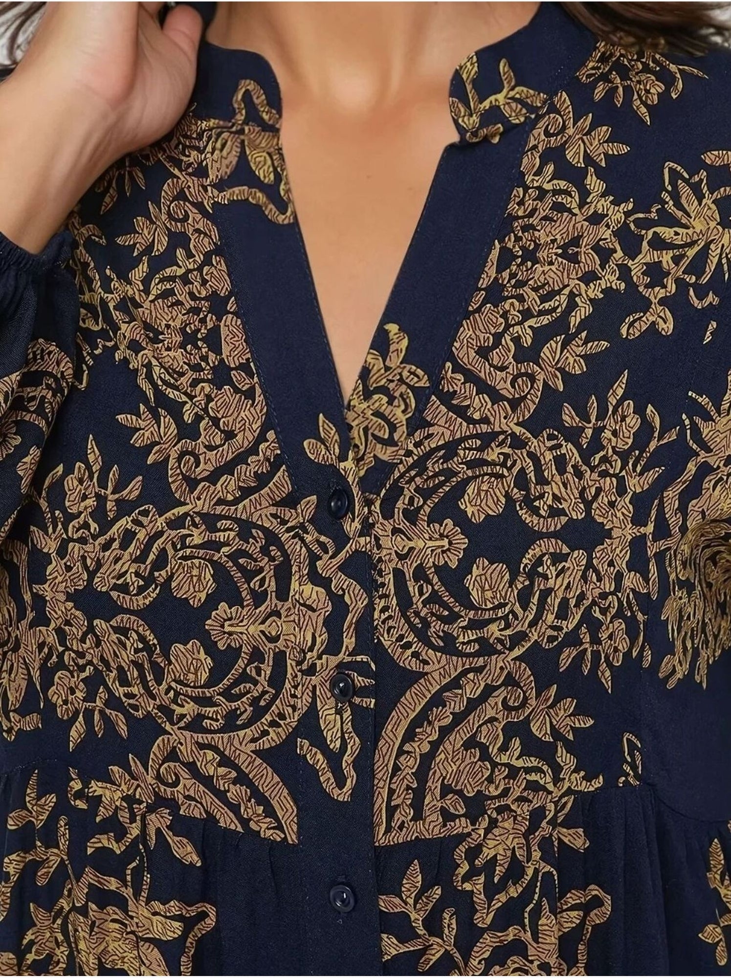 Robe longue imprimée à manches longues en viscose - Bleu marine