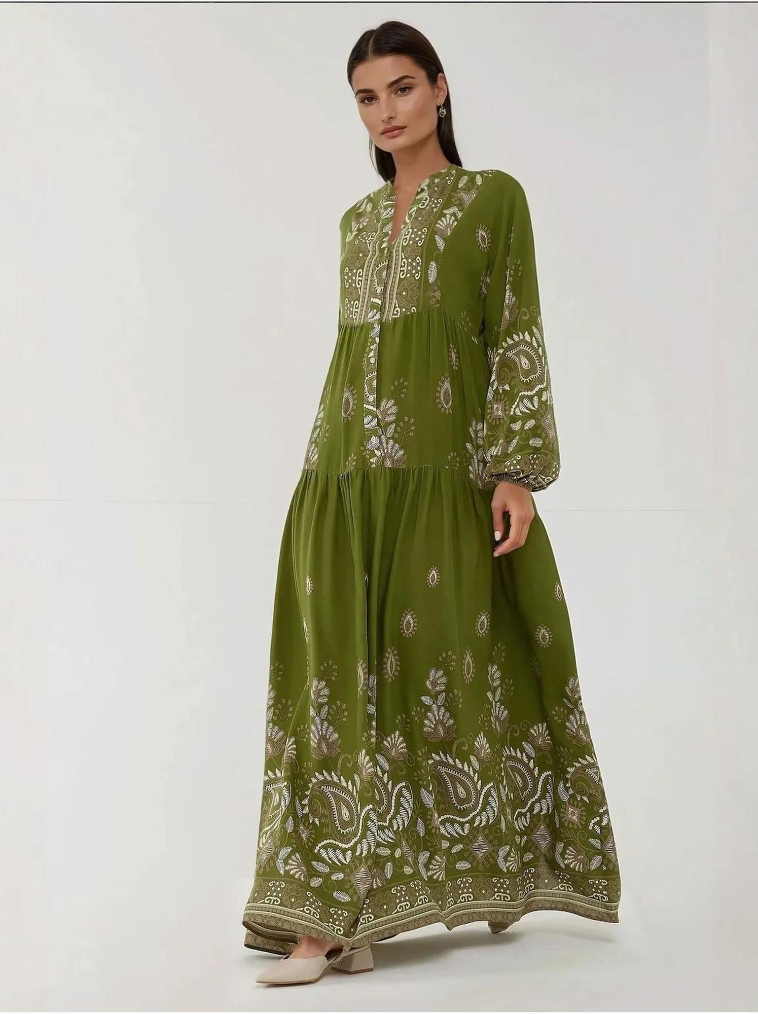 Robe longue imprimée à manches longues en viscose - Kaki