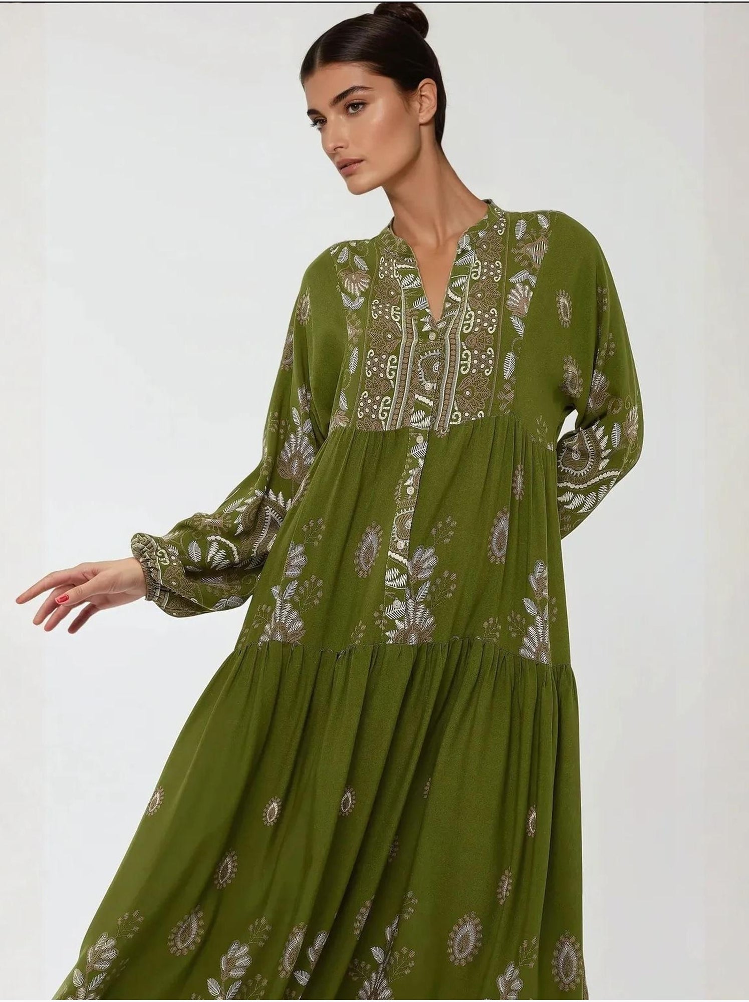 Robe longue imprimée à manches longues en viscose - Kaki