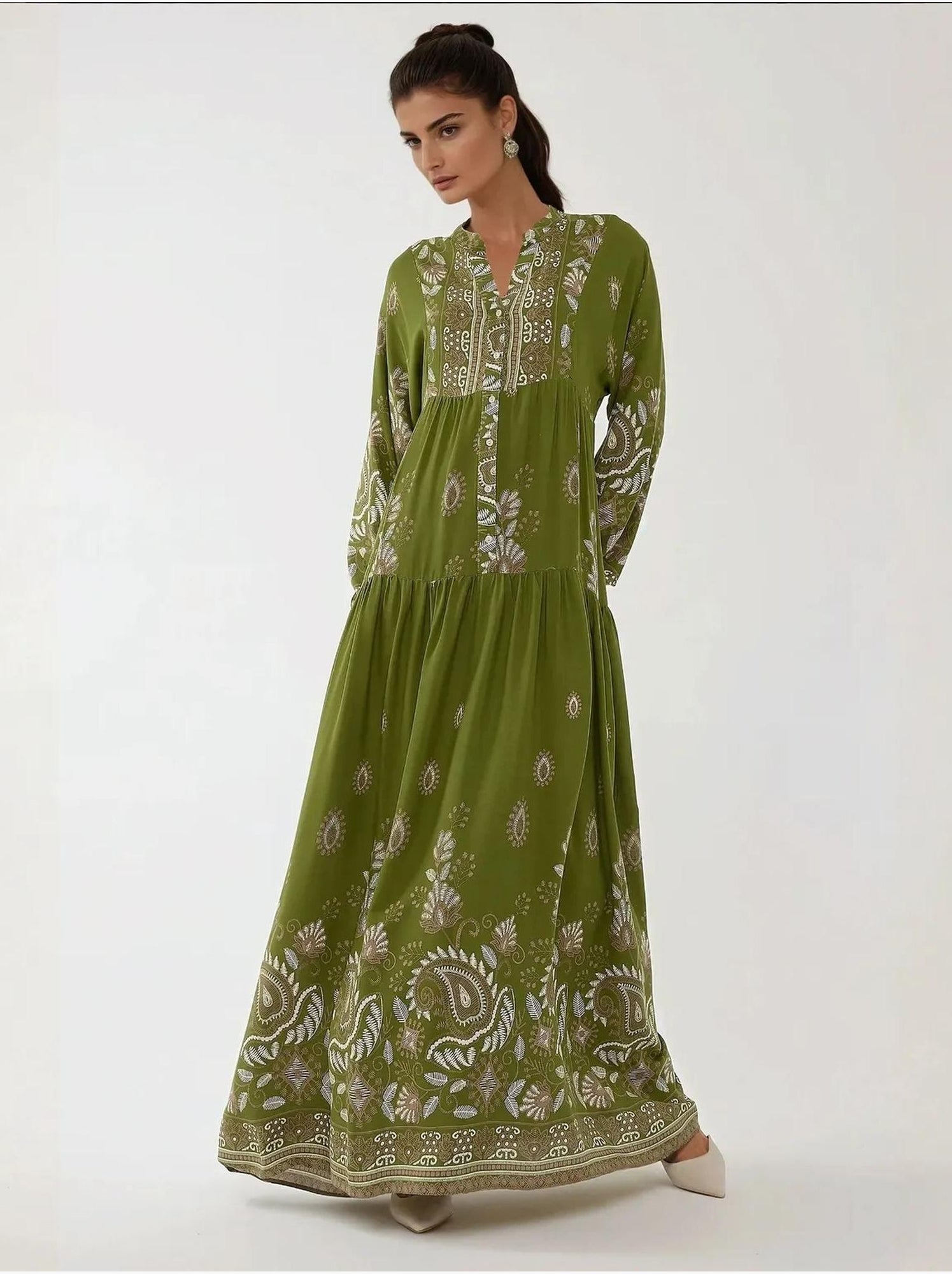Robe longue imprimée à manches longues en viscose - Kaki