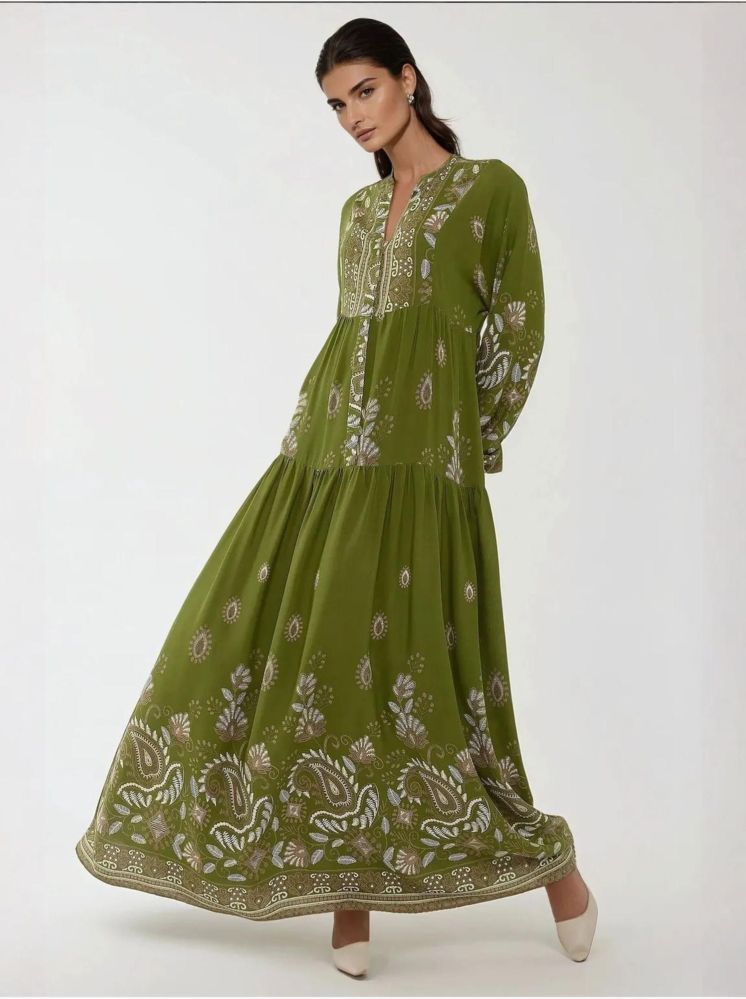 Robe longue imprimée à manches longues en viscose - Kaki