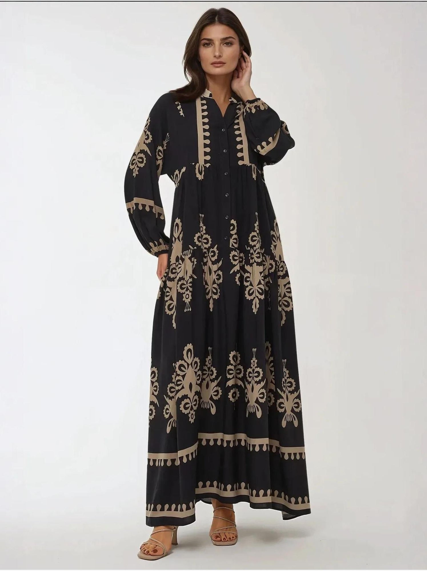 Robe longue imprimée à manches longues en viscose - Noir