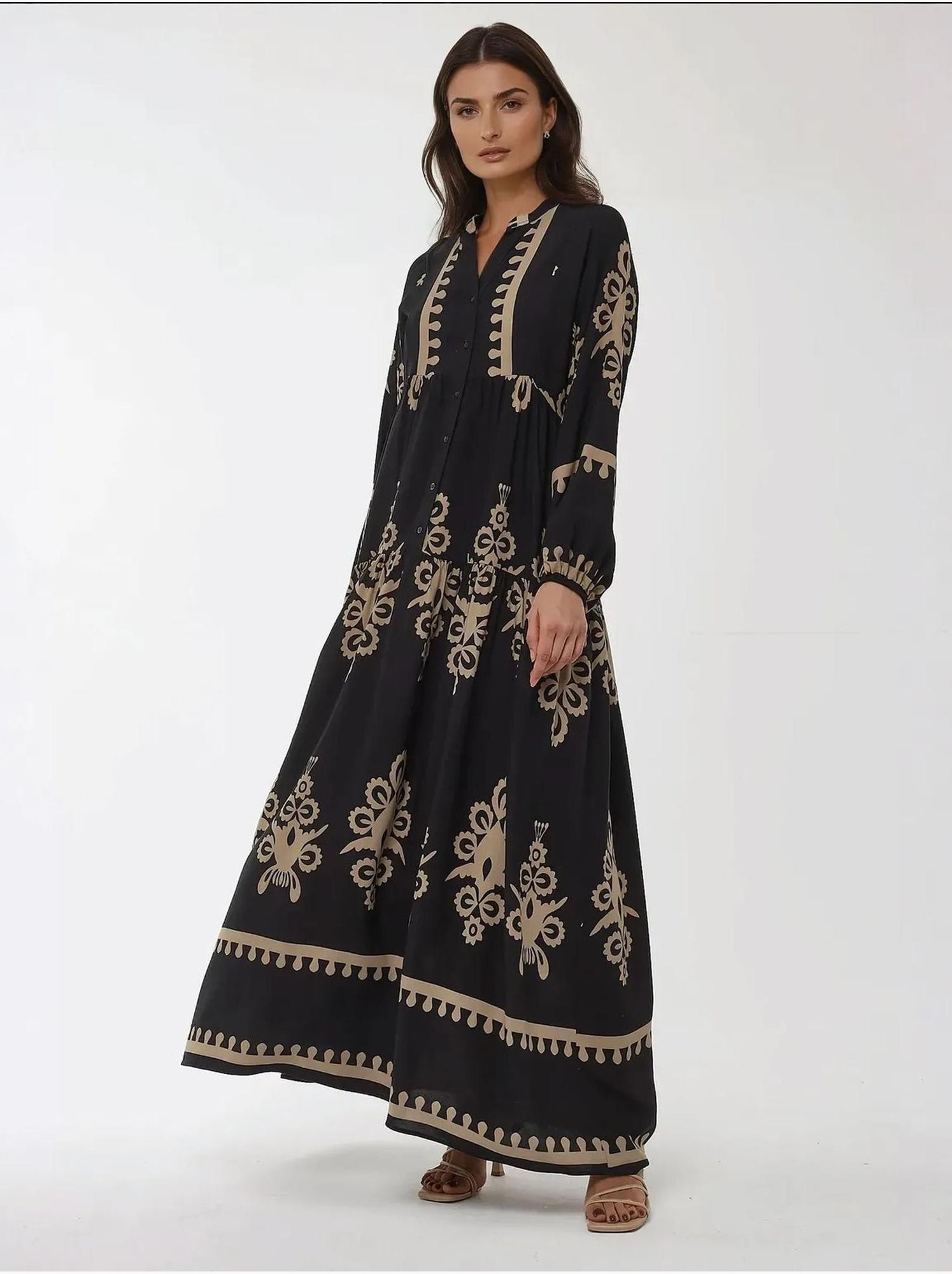 Robe longue imprimée à manches longues en viscose - Noir