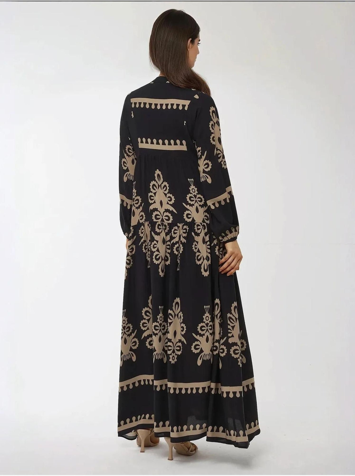 Robe longue imprimée à manches longues en viscose - Noir