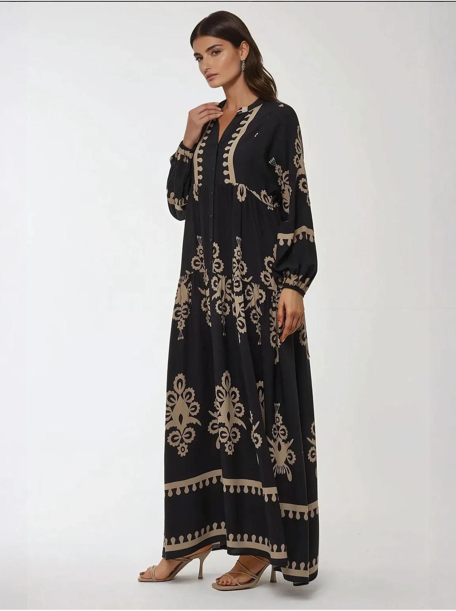 Robe longue imprimée à manches longues en viscose - Noir