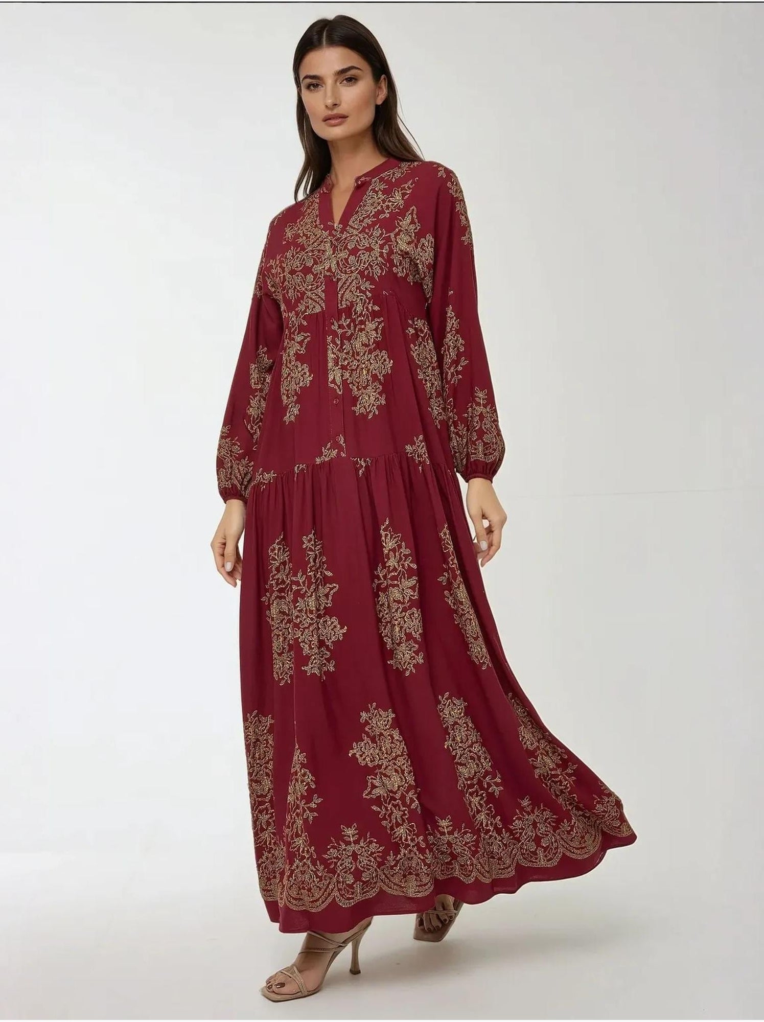 Robe longue imprimée à manches longues en viscose - Rouge