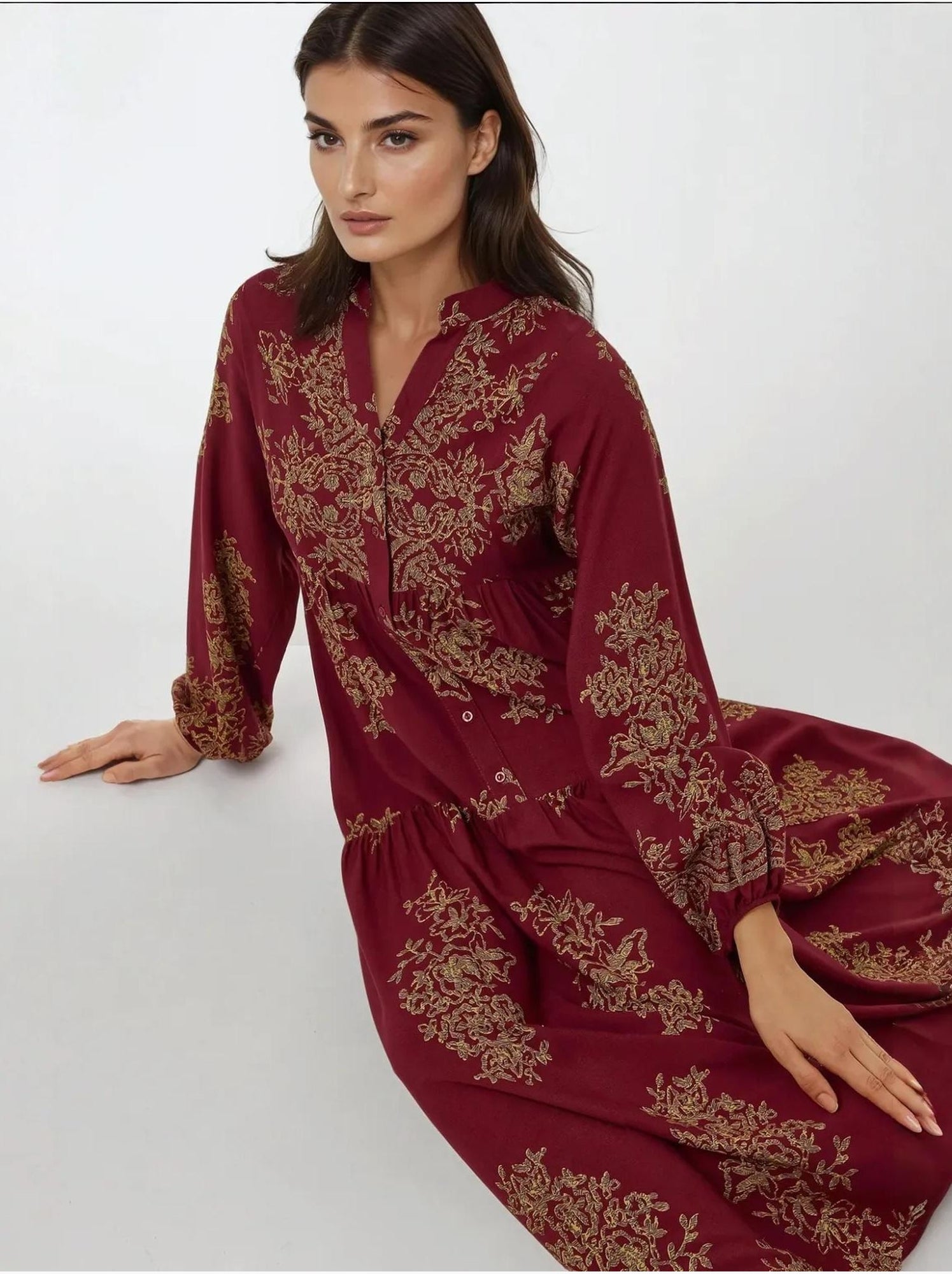 Robe longue imprimée à manches longues en viscose - Rouge