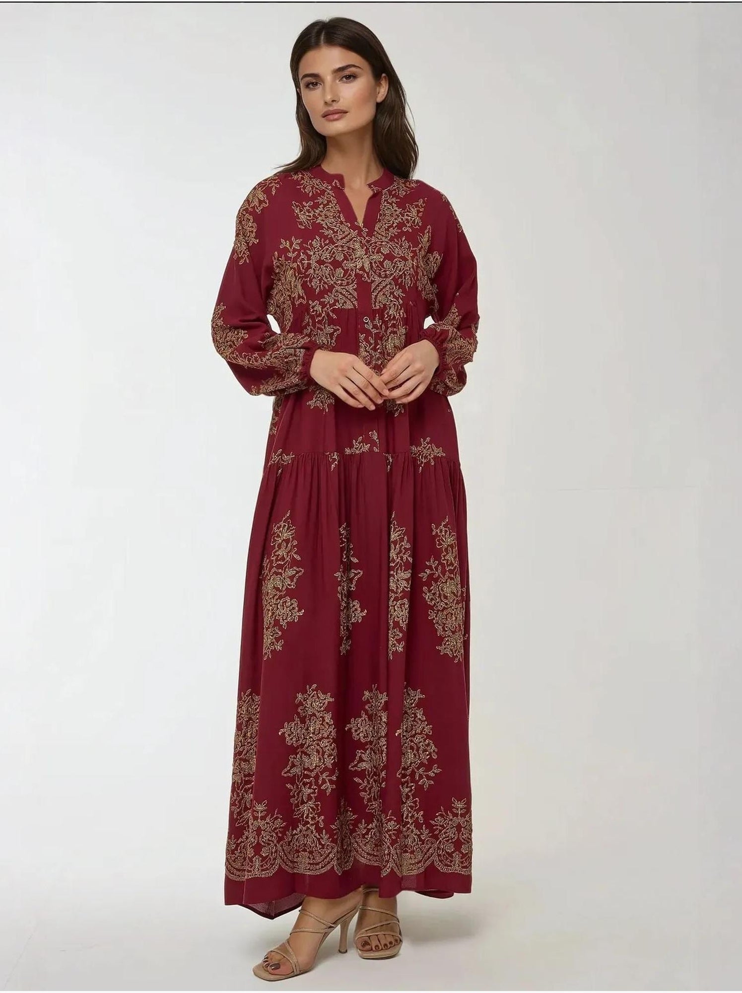 Robe longue imprimée à manches longues en viscose - Rouge