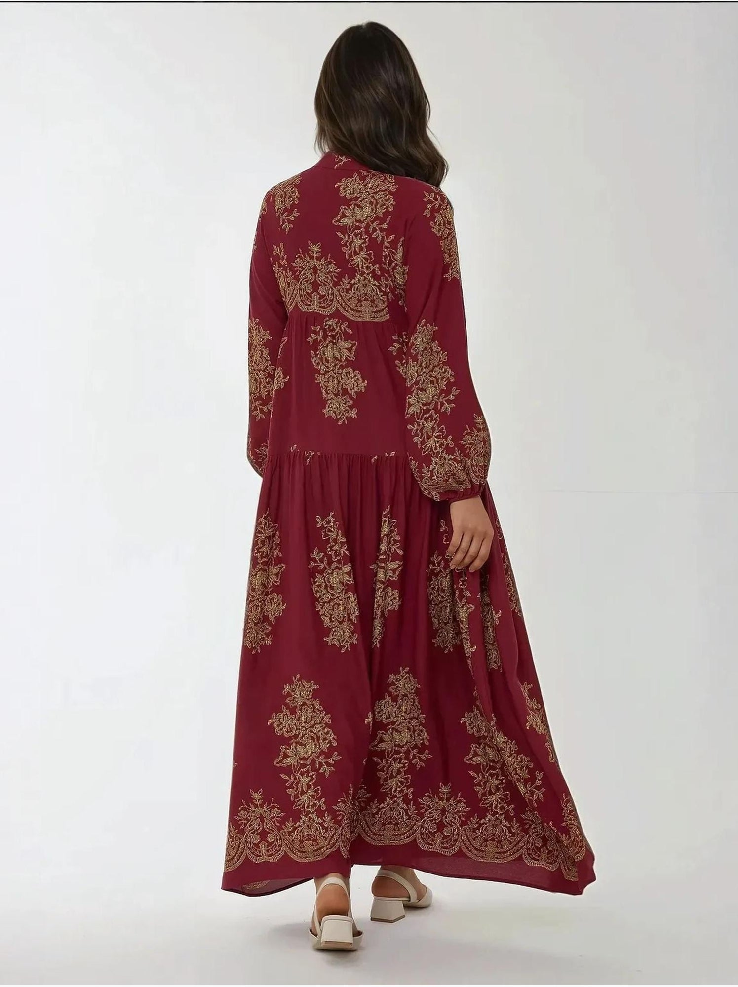 Robe longue imprimée à manches longues en viscose - Rouge