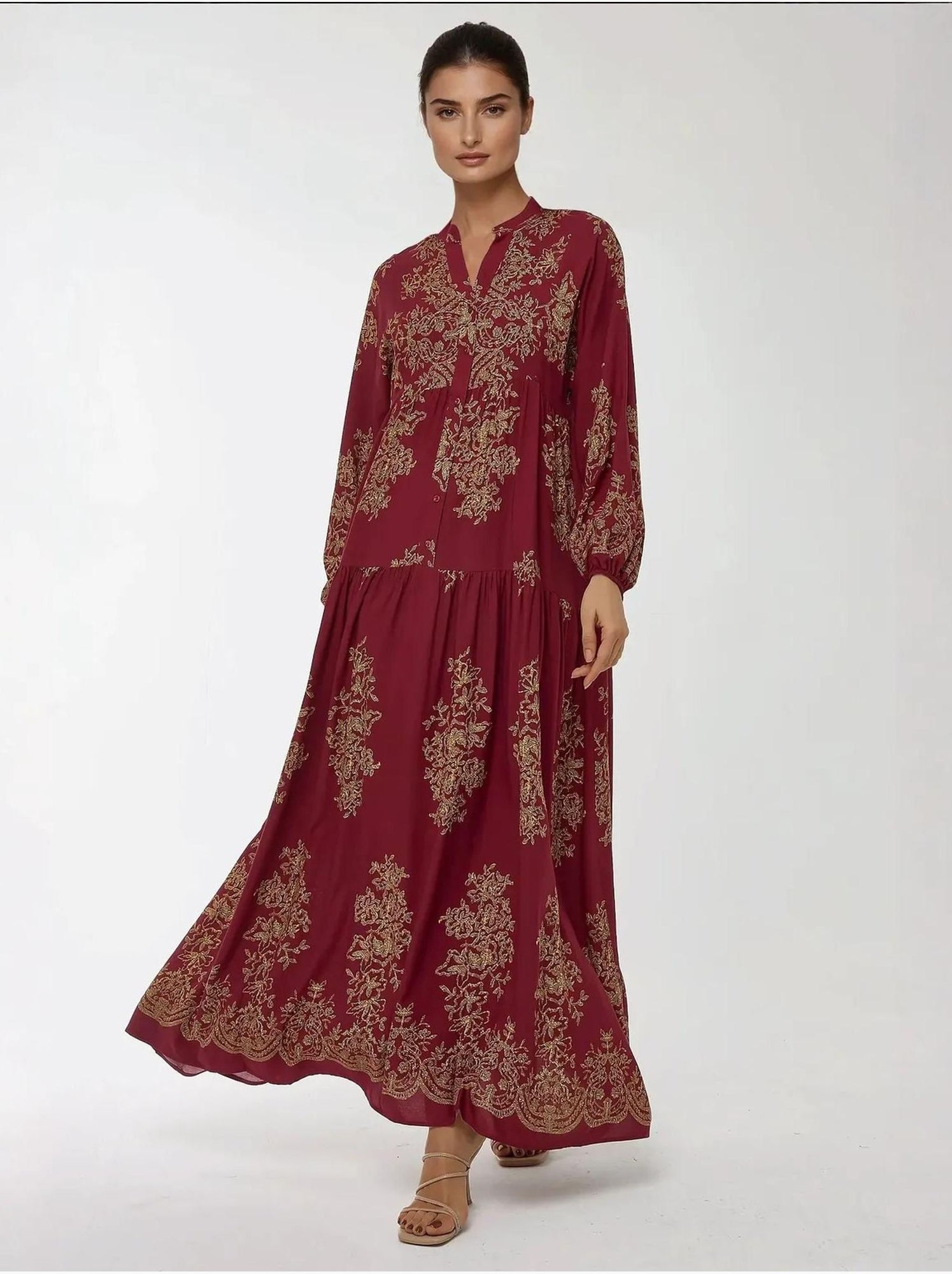 Robe longue imprimée à manches longues en viscose - Rouge