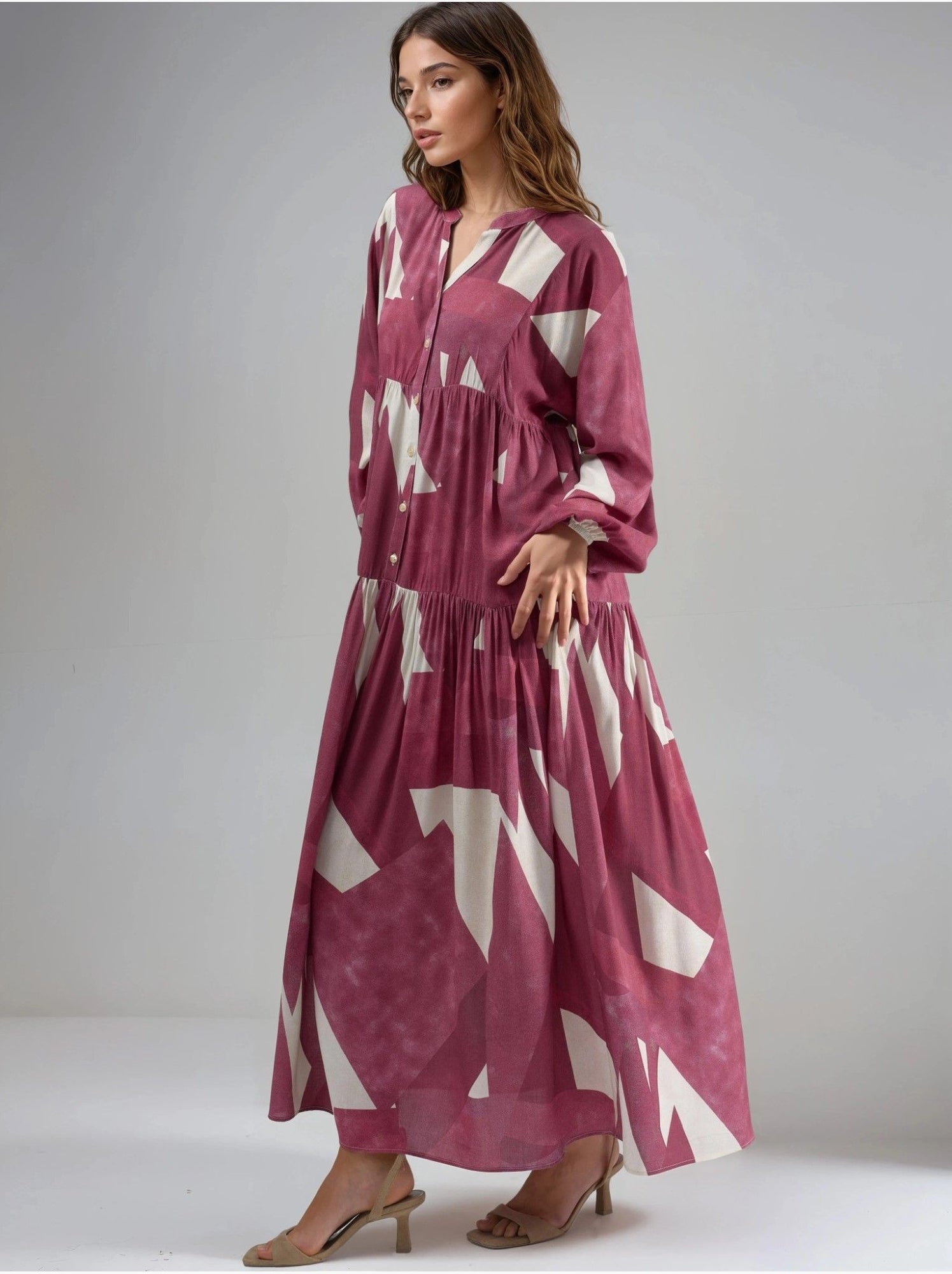 Robe longue imprimée à manches longues en viscose - Rouge