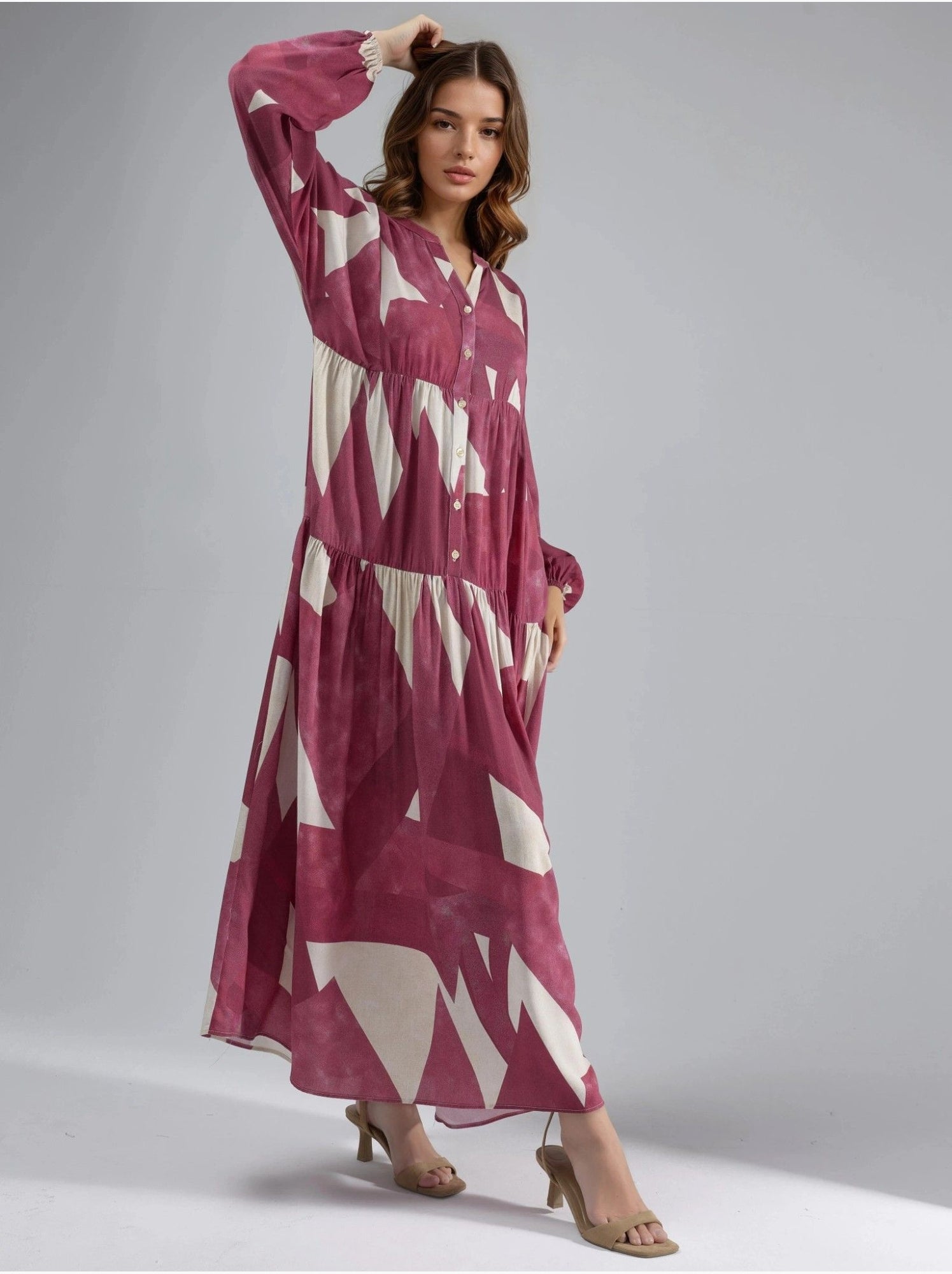 Robe longue imprimée à manches longues en viscose - Rouge
