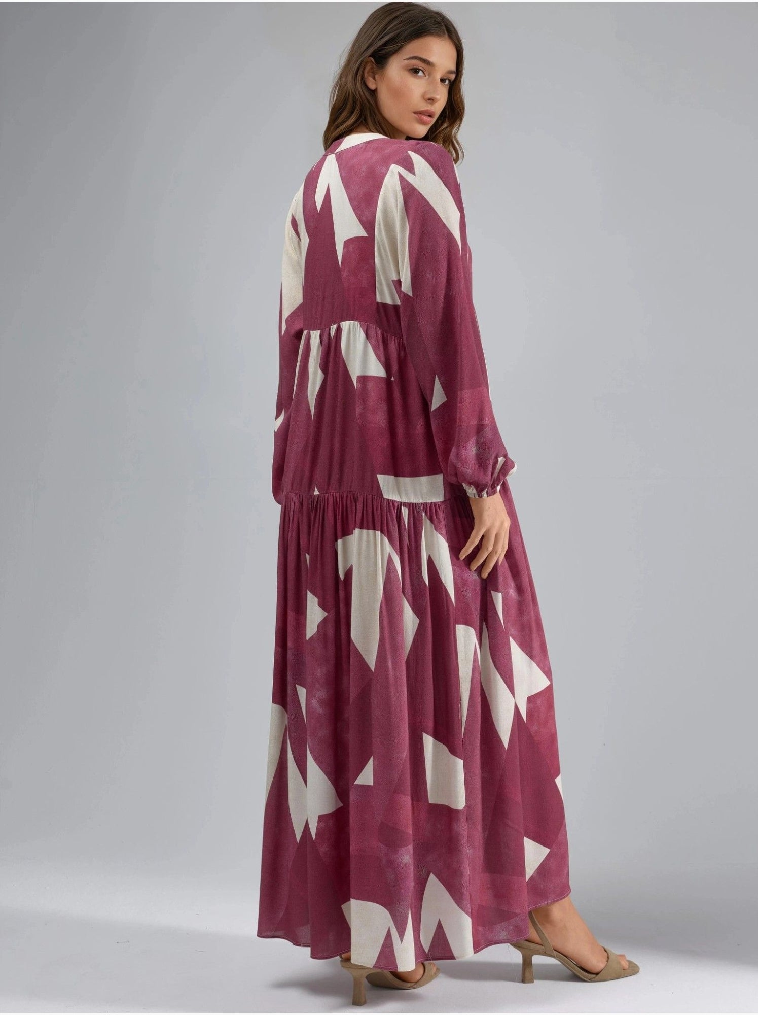 Robe longue imprimée à manches longues en viscose - Rouge