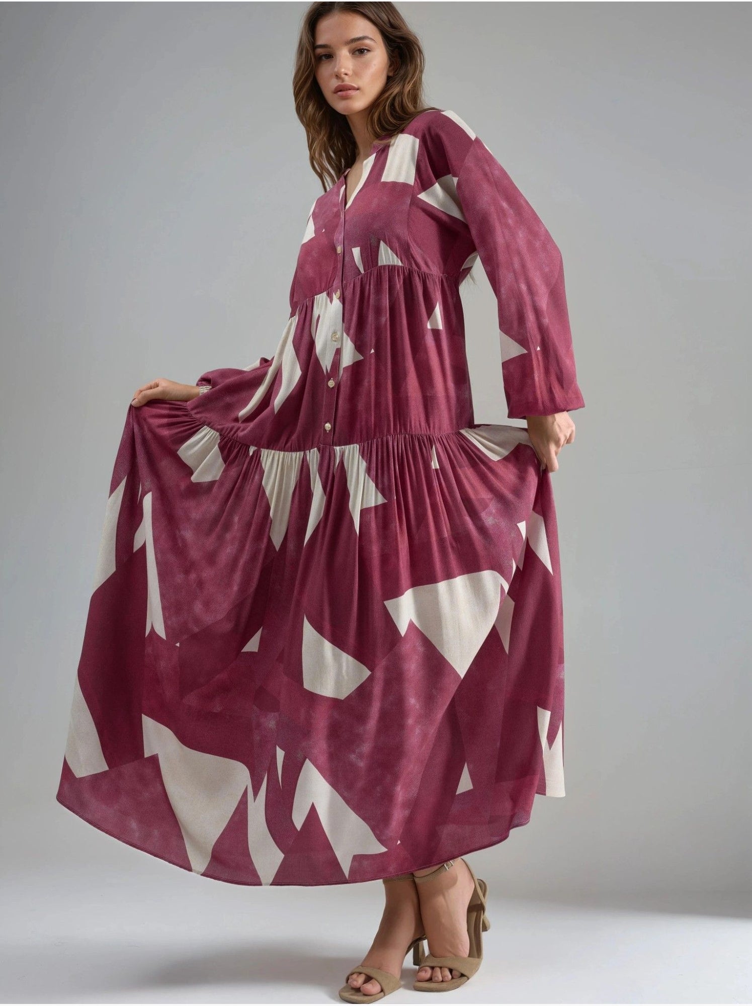 Robe longue imprimée à manches longues en viscose - Rouge
